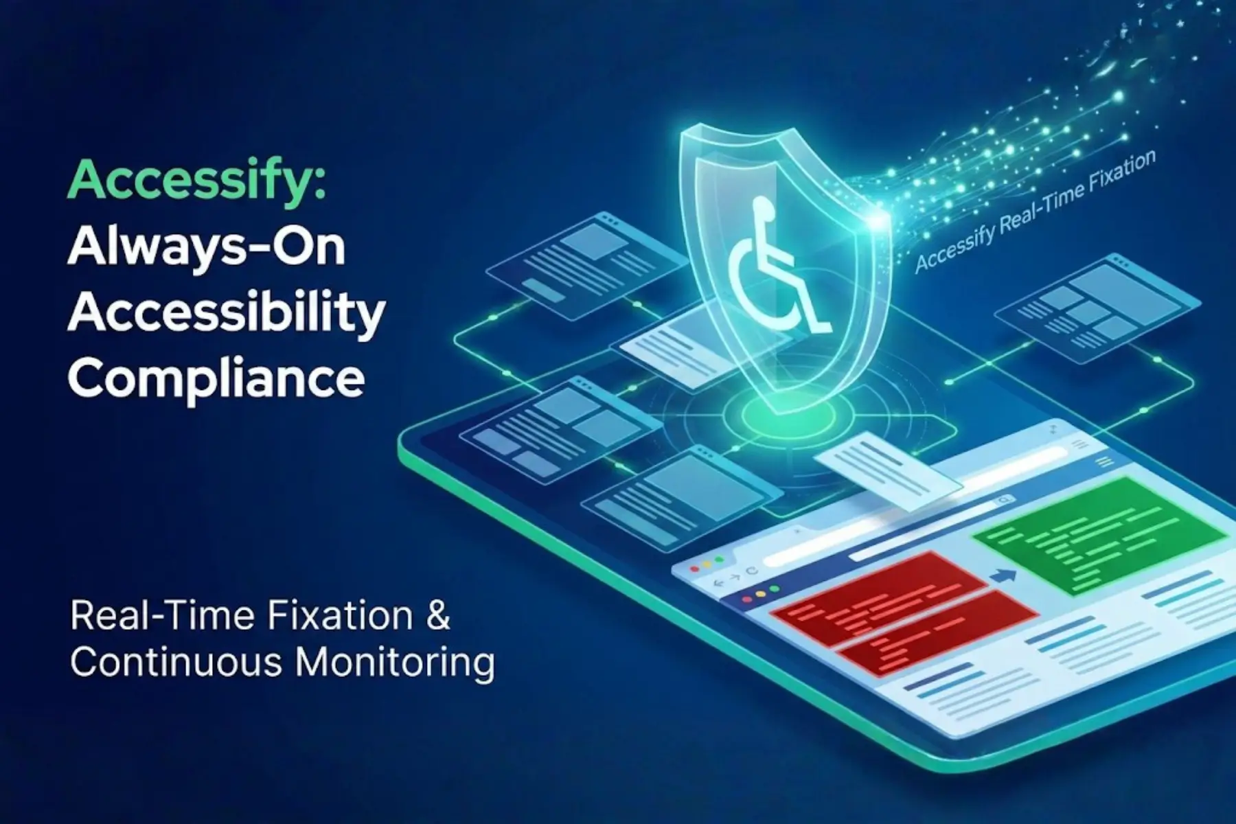 Illustration showing “Accessify: Always-On Accessibility Compliance” with a glowing shield icon featuring a wheelchair symbol, connected to website interface panels. Text highlights real-time fixation and continuous monitoring, representing automated accessibility compliance and protection across digital content.