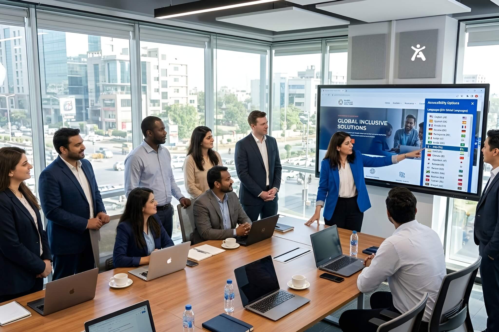 A business team reviewing a website using an AI widget that provides multilingual accessibility support and live site translation.