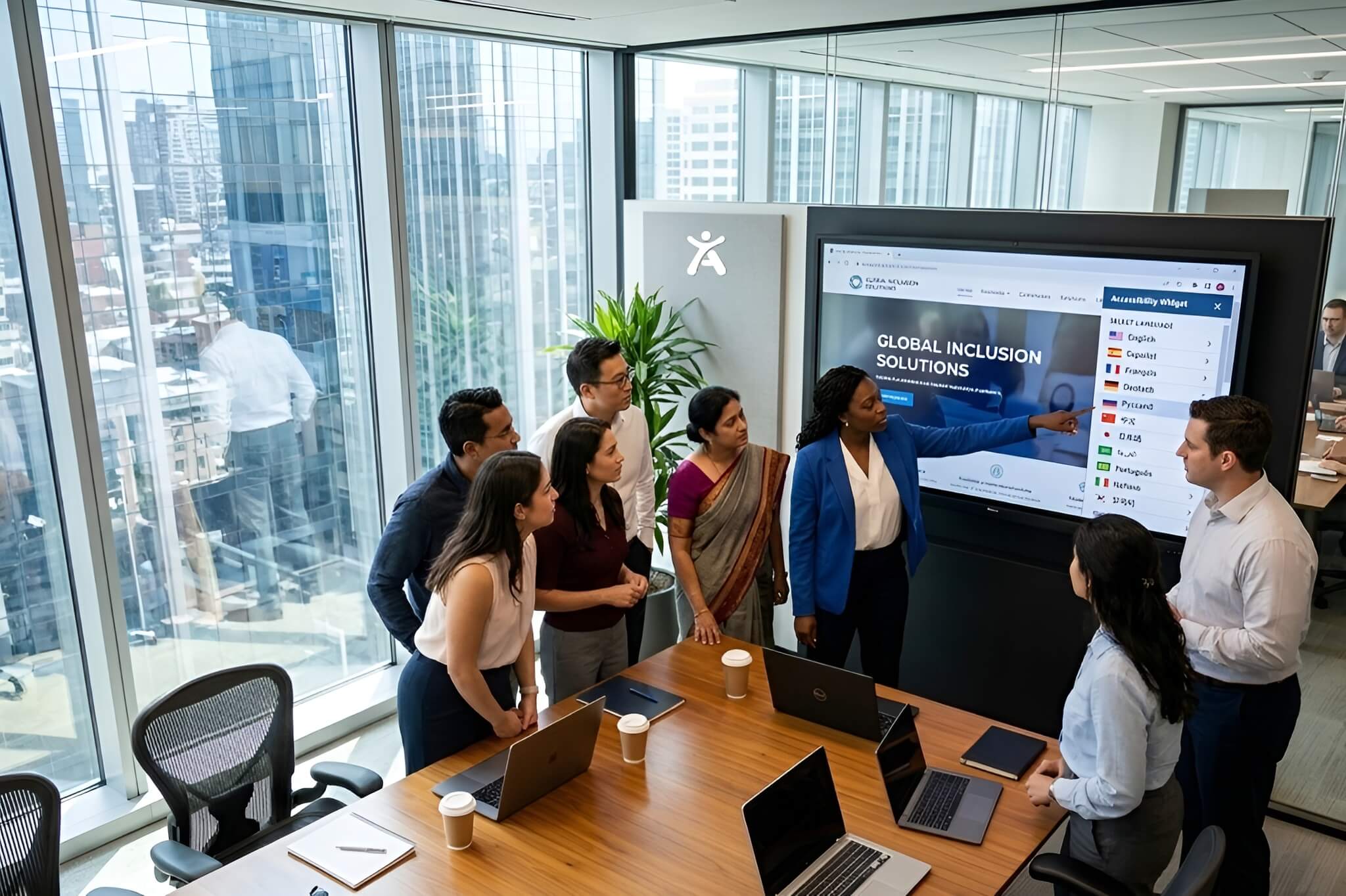 Diverse tech team reviewing an AI widget's live translation and accessibility features for a global site.
