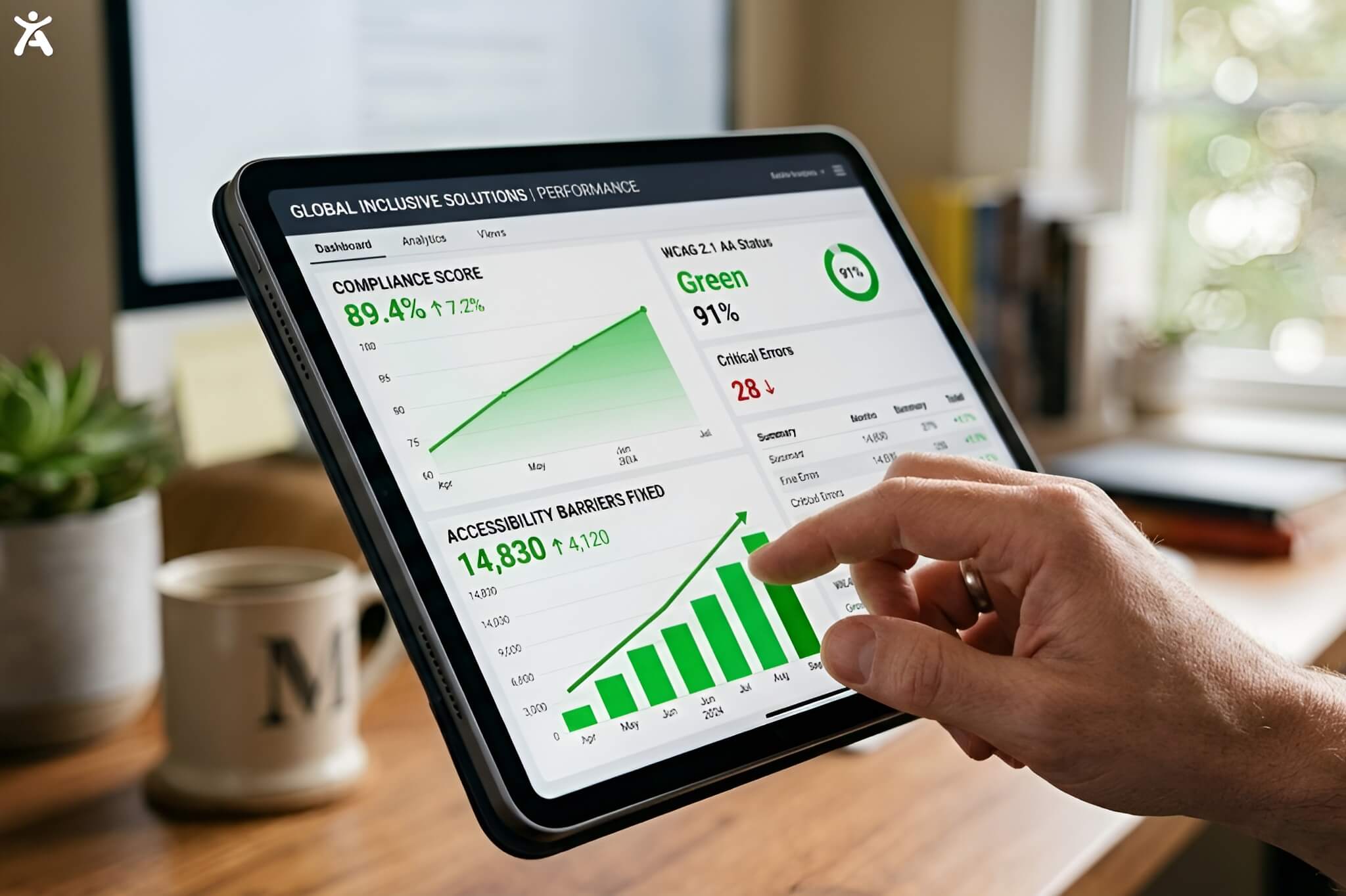 Digital dashboard showing successful automated compliance checks for ADA and WCAG 2.2 standards.