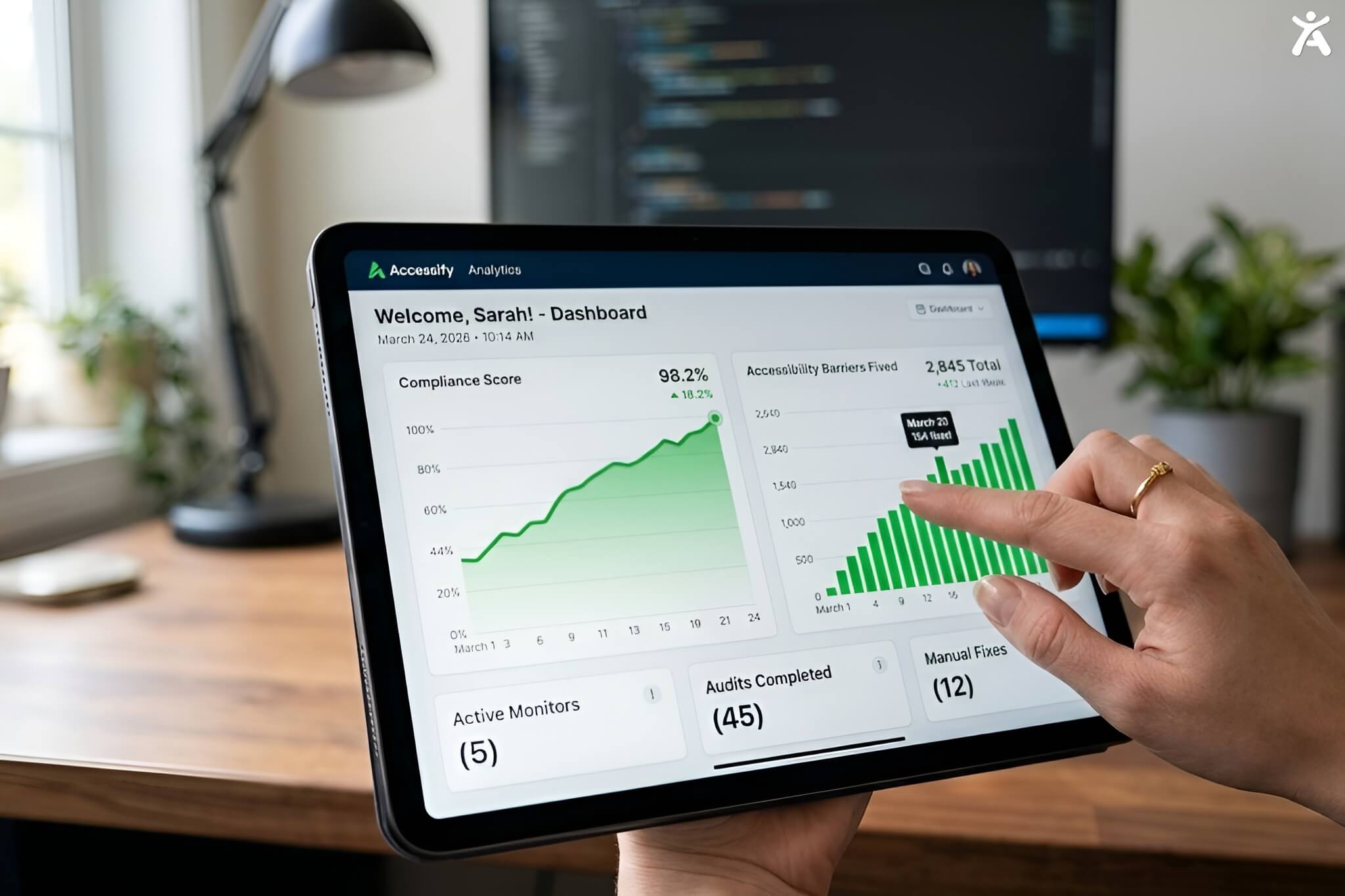 A digital dashboard showing live monitoring and automated accessibility fixes performed by an AI widget.