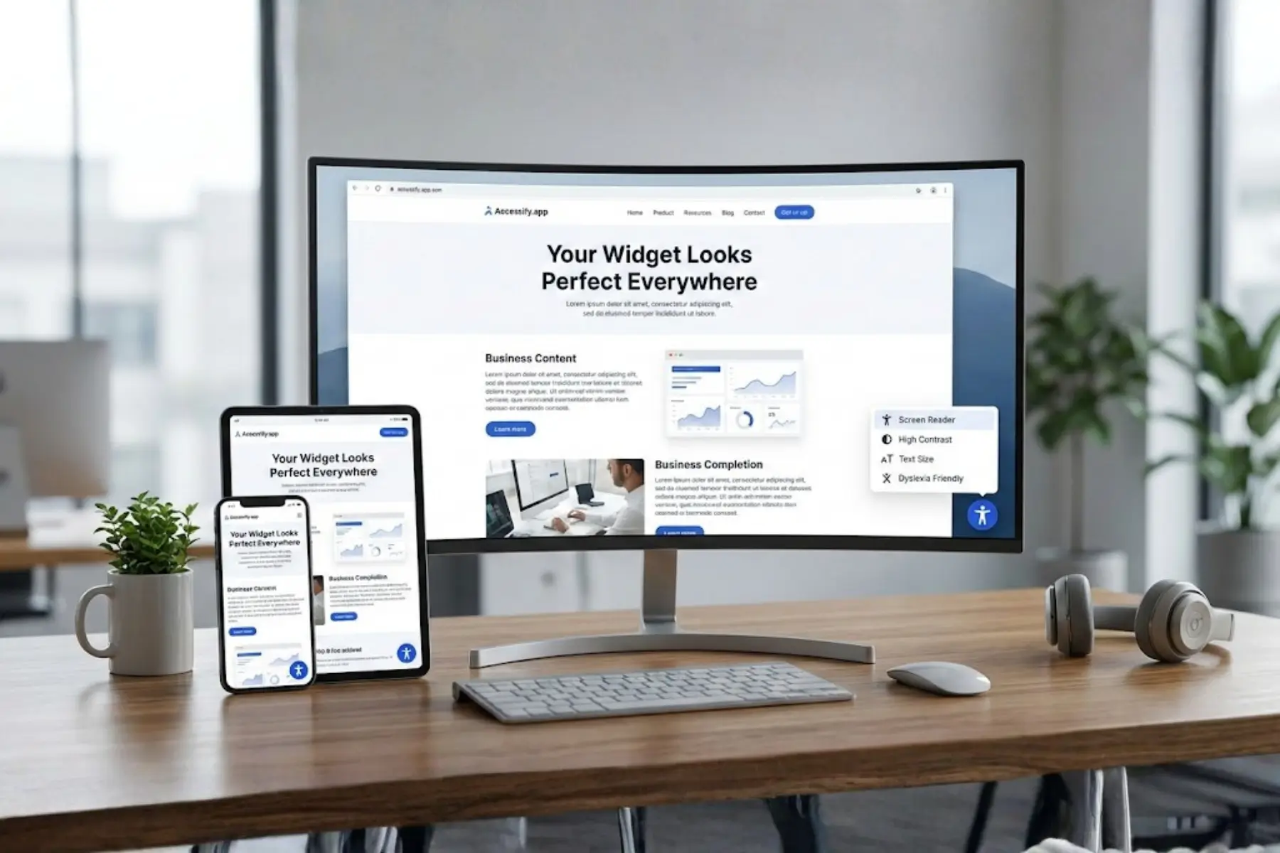 Modern workspace with a curved desktop monitor, tablet, and smartphone displaying a responsive website with an accessibility widget. The widget menu shows options like screen reader, high contrast, and text size, demonstrating consistent widget design across desktop, tablet, and mobile devices.