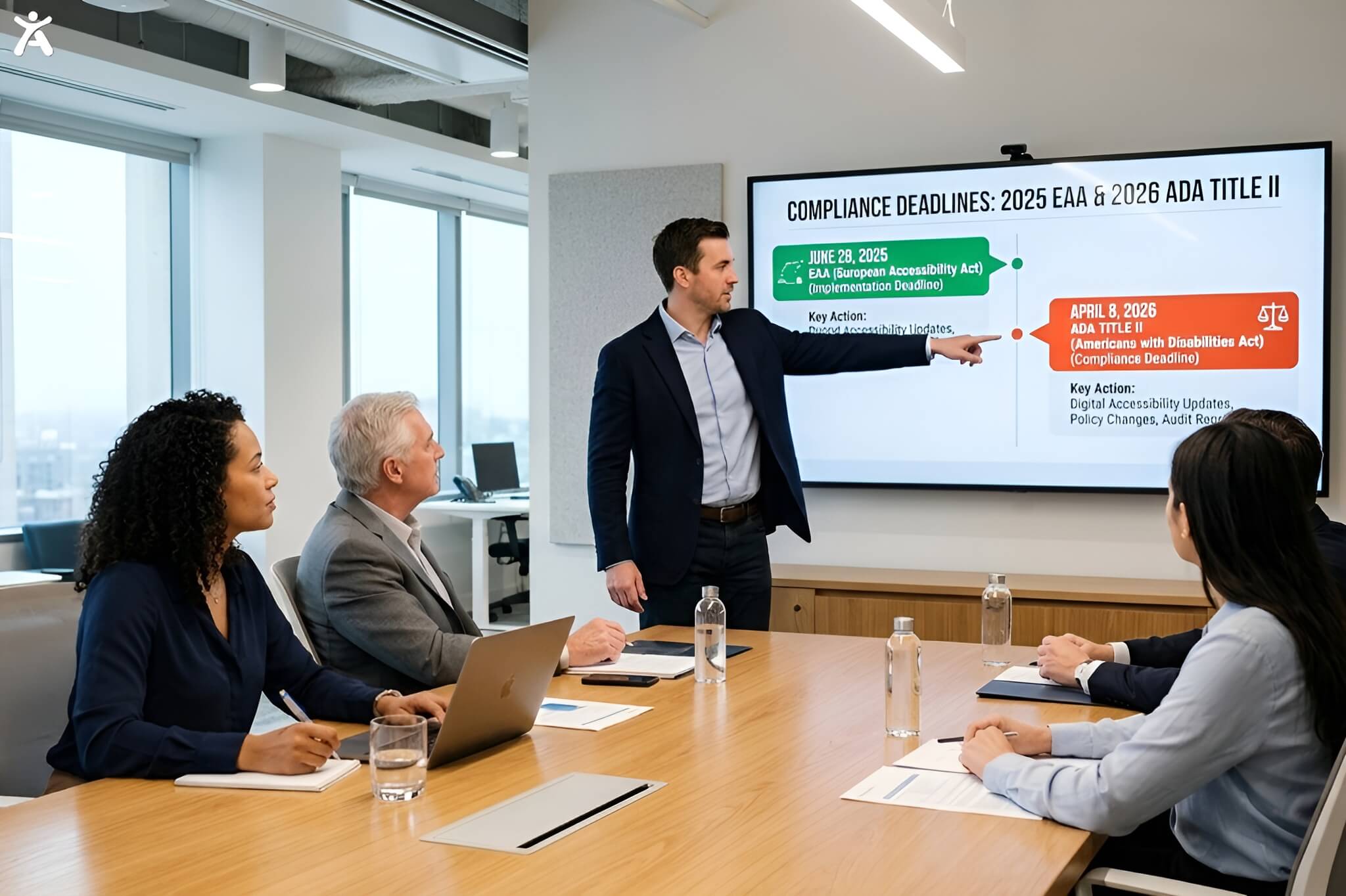 An agency consultant presenting 2025 EAA and 2026 ADA Title II web accessibility compliance deadlines to clients during a meeting.