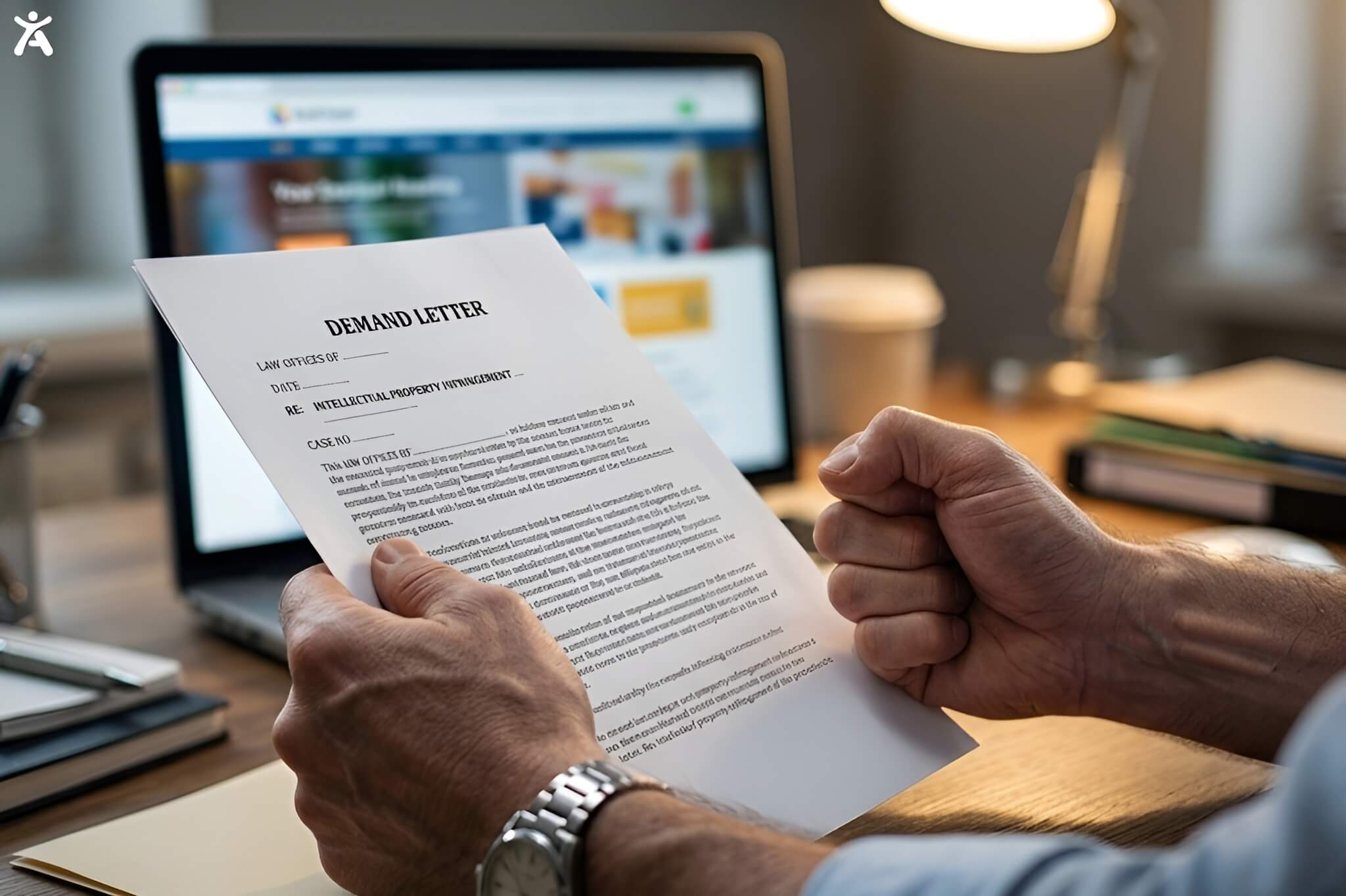 Close up of a business owner reviewing a formal ADA digital accessibility demand letter in an office setting.