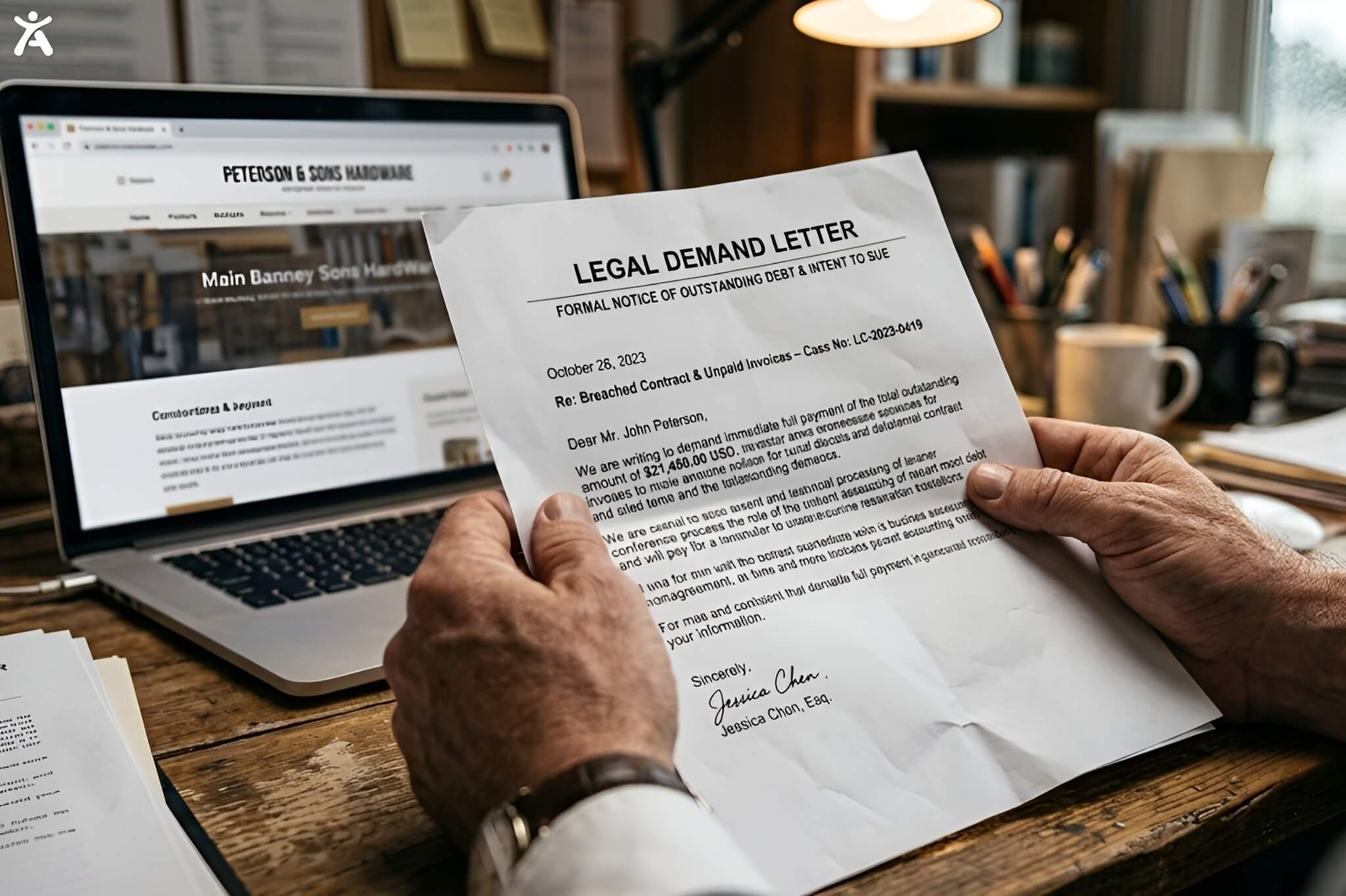 Close up of a business owner reviewing a formal ADA digital accessibility demand letter in an office setting.