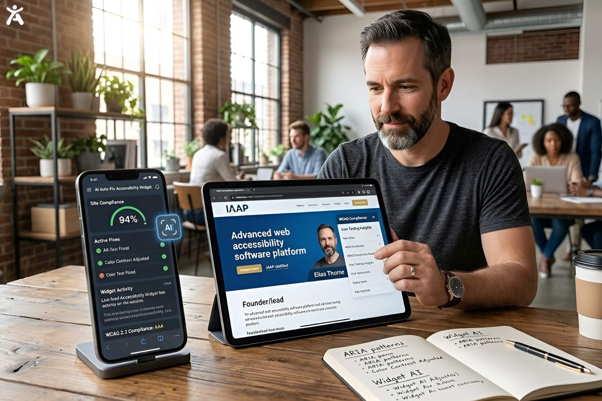 A software engineer reviewing a compliant website alongside an AI auto-fix accessibility widget dashboard on a smartphone.
