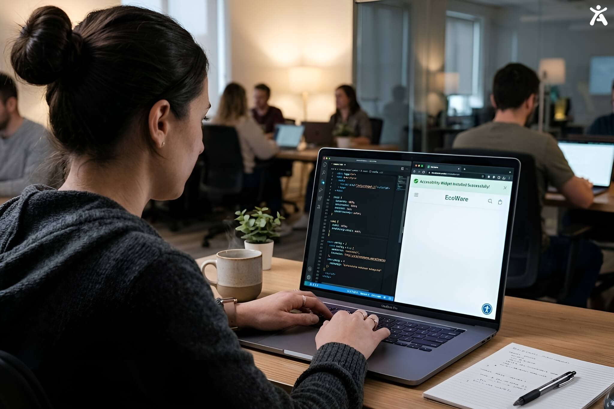A web developer successfully integrating a web accessibility widget into a client website using a code editor.
