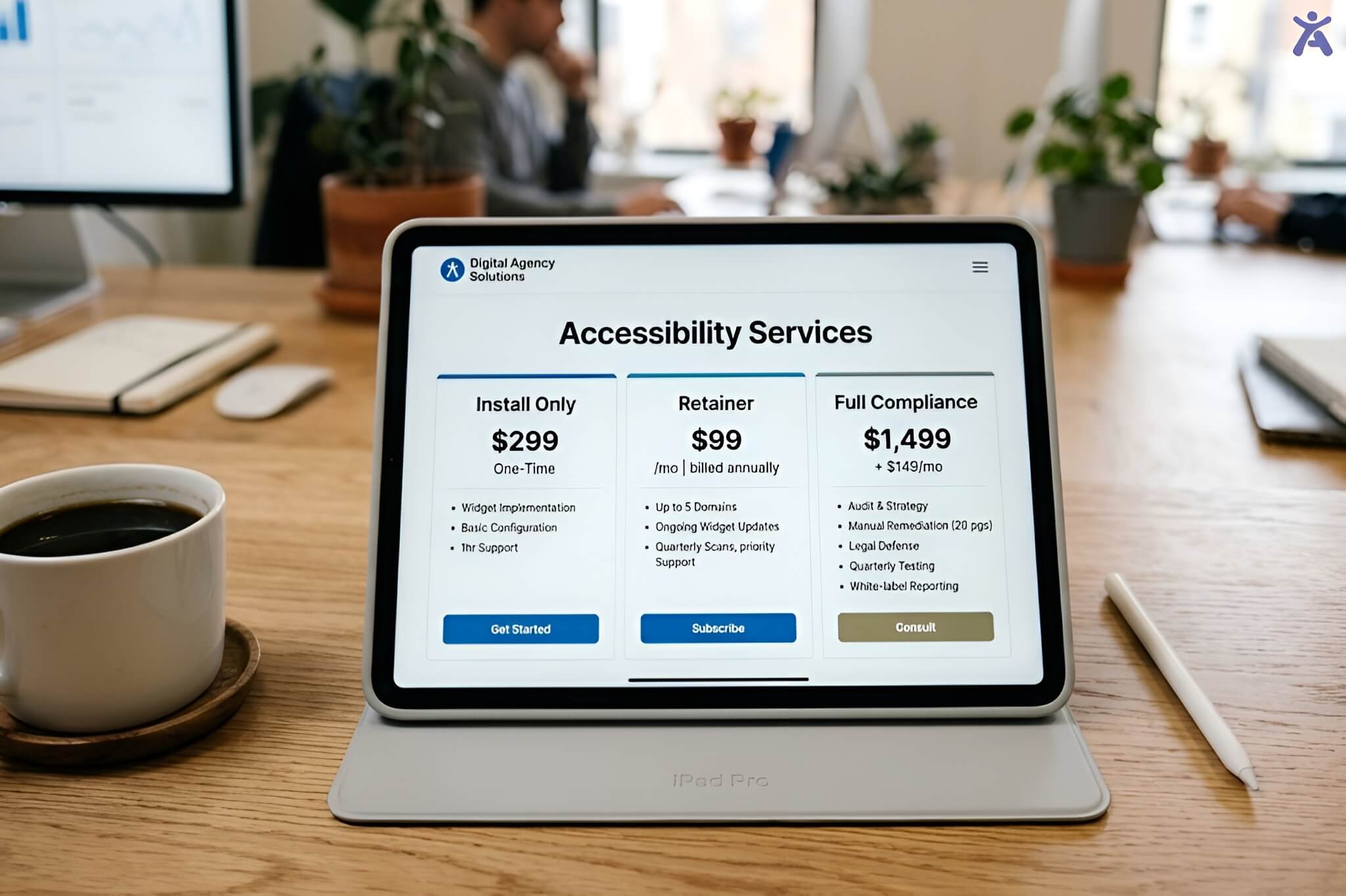 A tablet displaying accessibility upsell packages and recurring revenue pricing models for web agencies.
