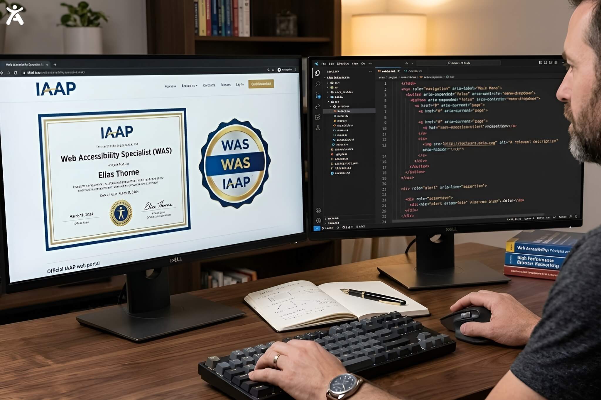 A developer's dual-monitor workspace displaying an IAAP WAS certification and a code editor showing ARIA tags.
