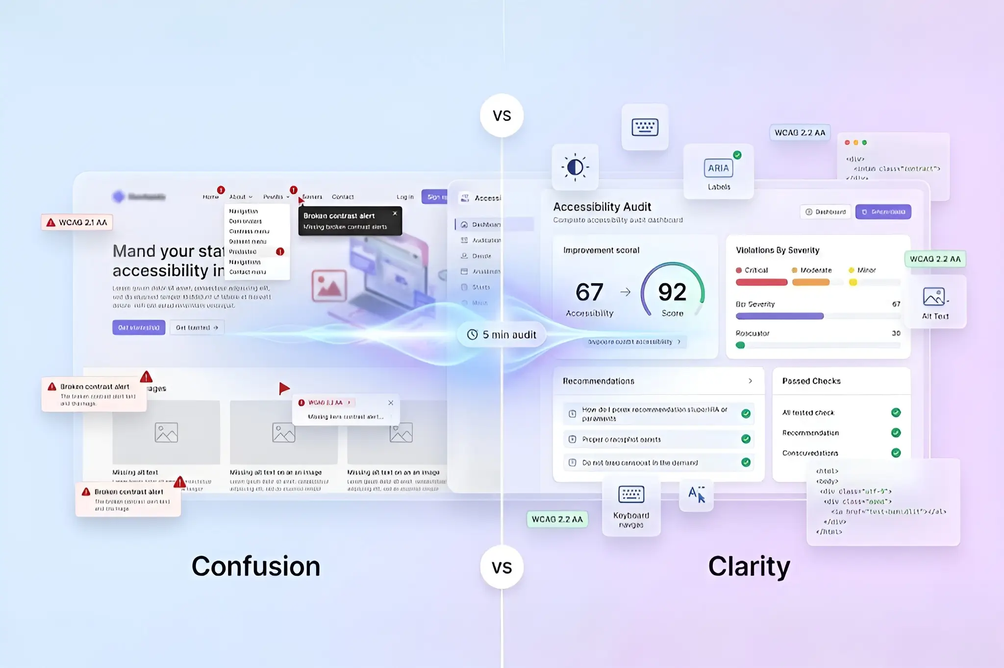 A split-screen illustration showing a chaotic, inaccessible website interface transforming into a clean, modern accessibility audit dashboard via a glowing AI scan.