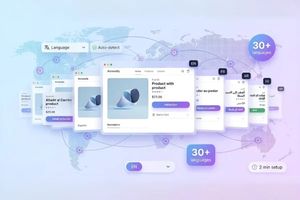 A modern SaaS illustration of an English ecommerce UI expanding into translated versions (Spanish, French, Arabic, Hindi) against a light gradient world map. Features "Add to Cart" translations and a "30+ languages" badge to highlight global expansion.
