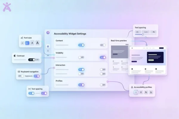 A polished SaaS UI illustration of an accessibility widget settings dashboard with floating modules for font, contrast, and navigation, connected to a live website preview.