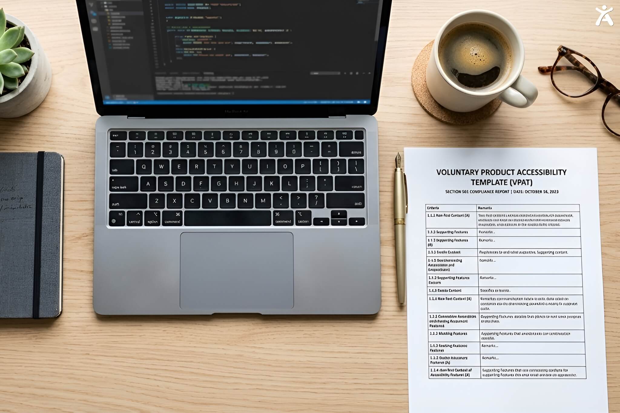 A printed Voluntary Product Accessibility Template (VPAT) and compliance documentation report resting on a modern desk next to a laptop.