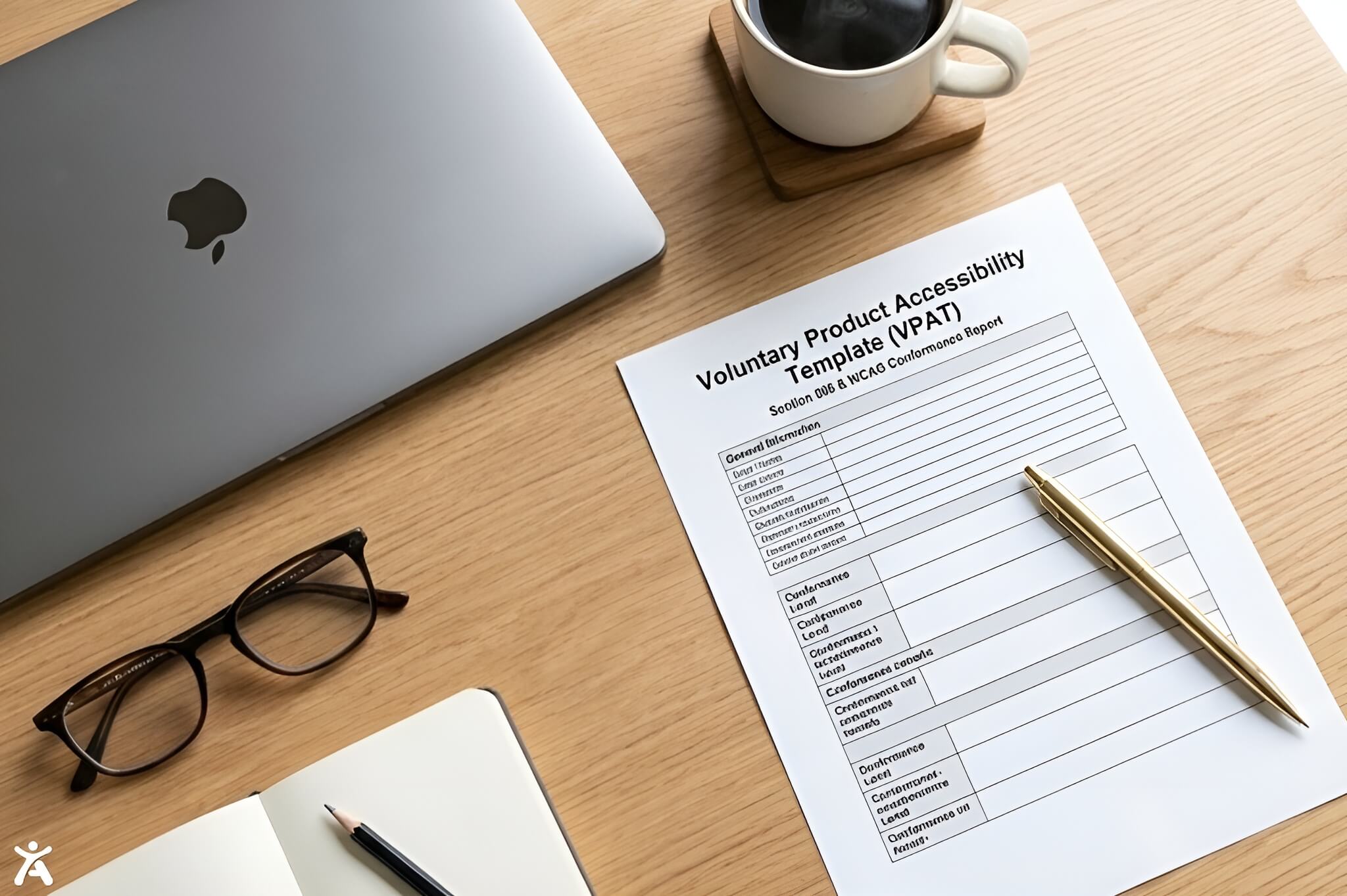 A printed Voluntary Product Accessibility Template (VPAT) and compliance documentation report resting on a modern desk next to a laptop