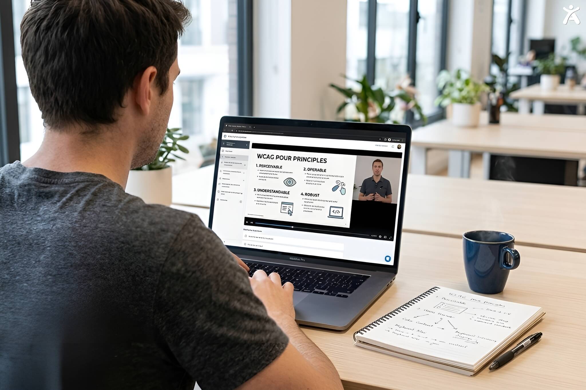 Over-the-shoulder view of a developer studying WCAG POUR principles on an e-learning platform.
