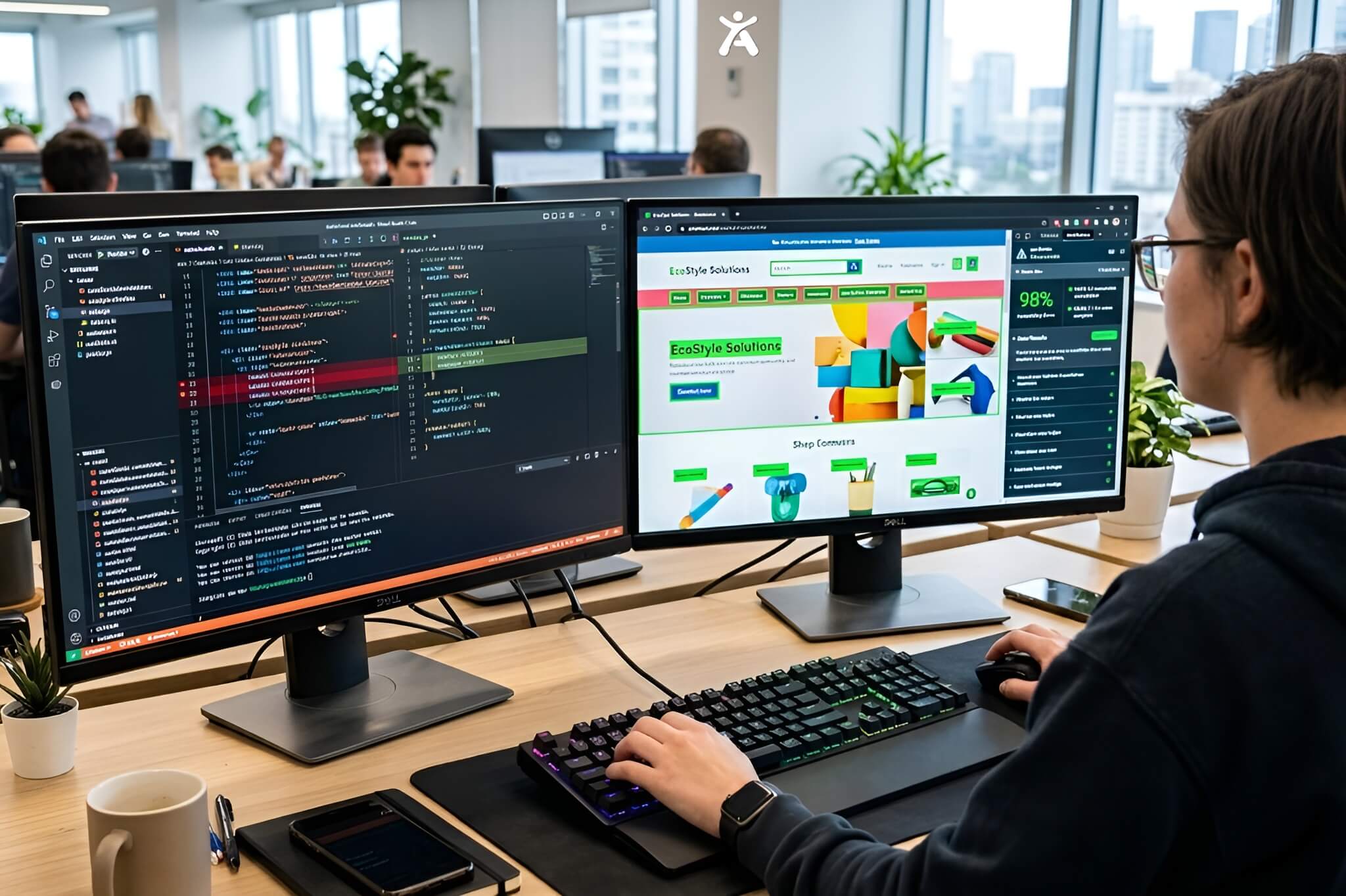 A web developer performing a manual WCAG accessibility audit and remediating code on a dual-monitor desktop setup.