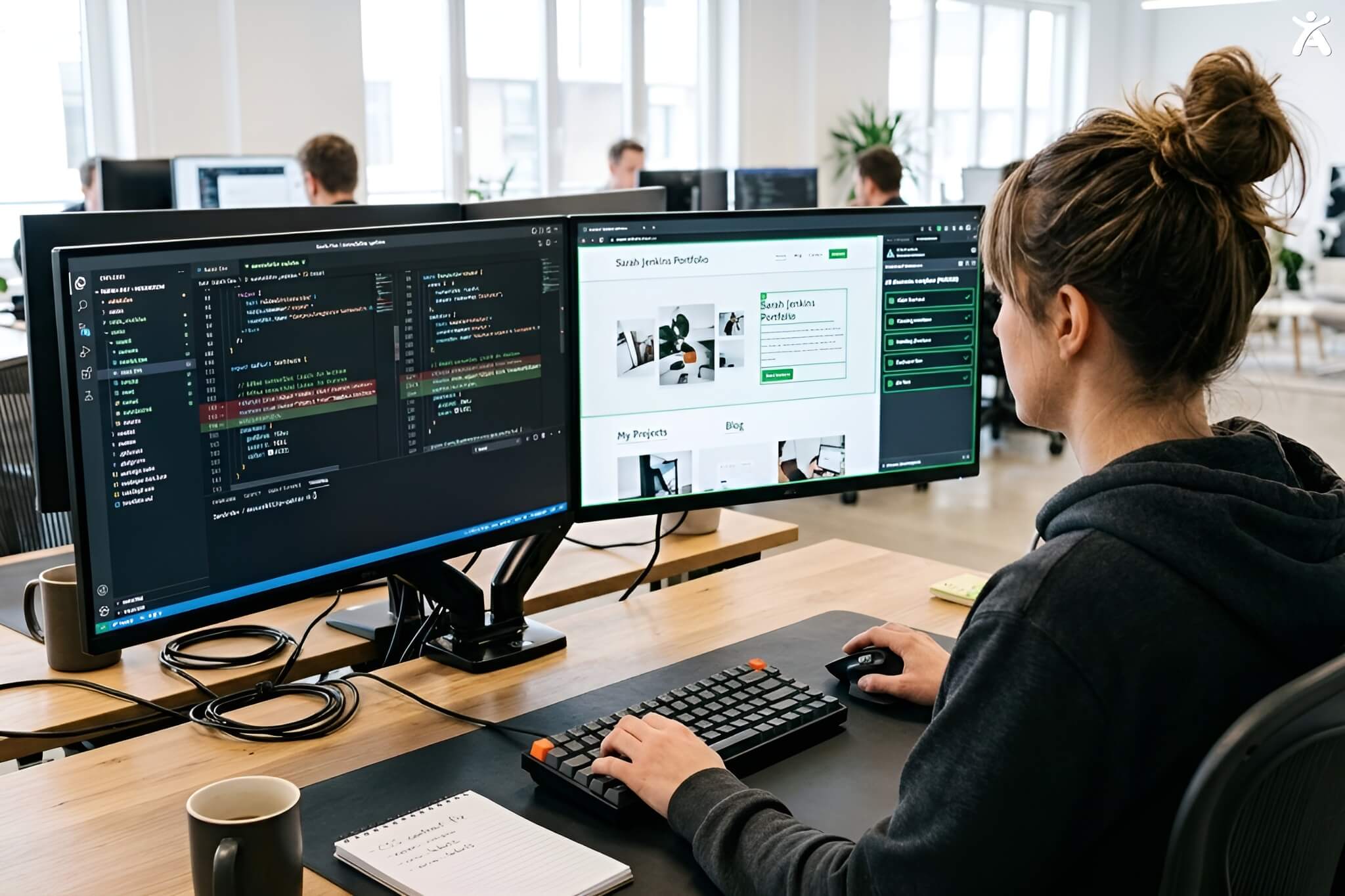 A web developer performing a manual WCAG accessibility audit and remediating code on a dual-monitor desktop setup.