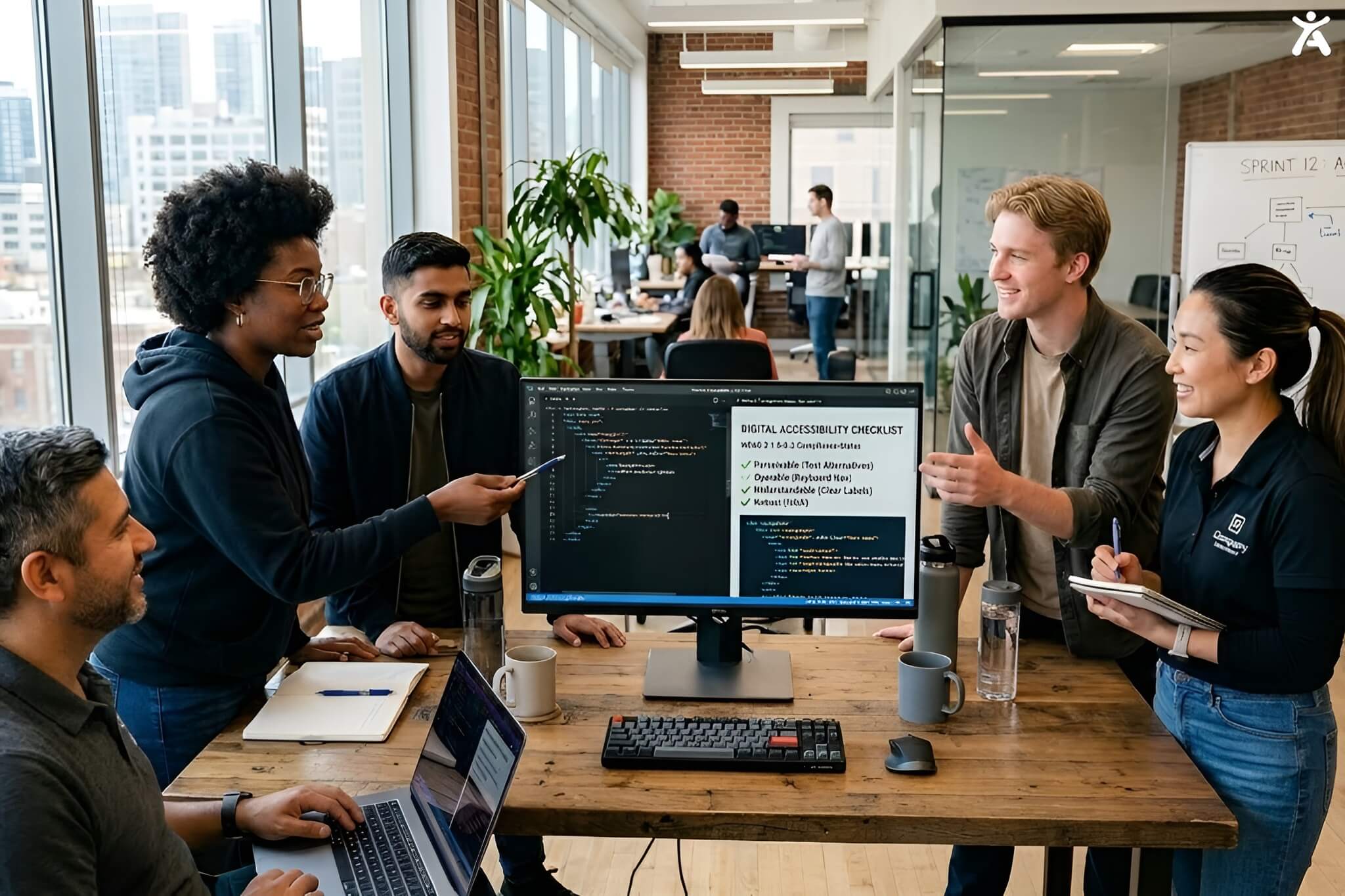 A diverse team of developers collaborating on web accessibility code in a modern office setting.
