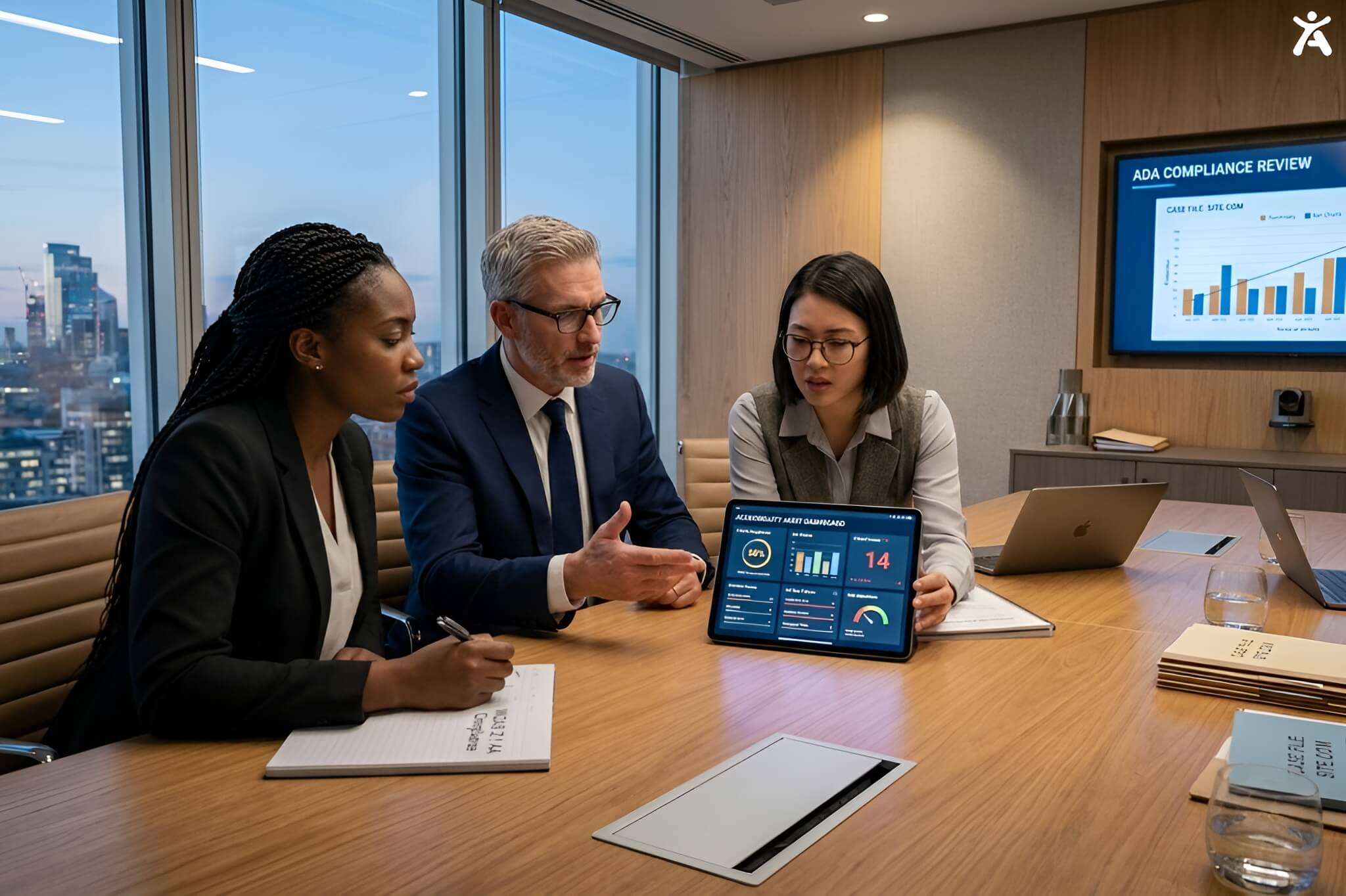 A legal team and technical expert reviewing web accessibility compliance metrics on a tablet to prepare a lawsuit defense strategy.