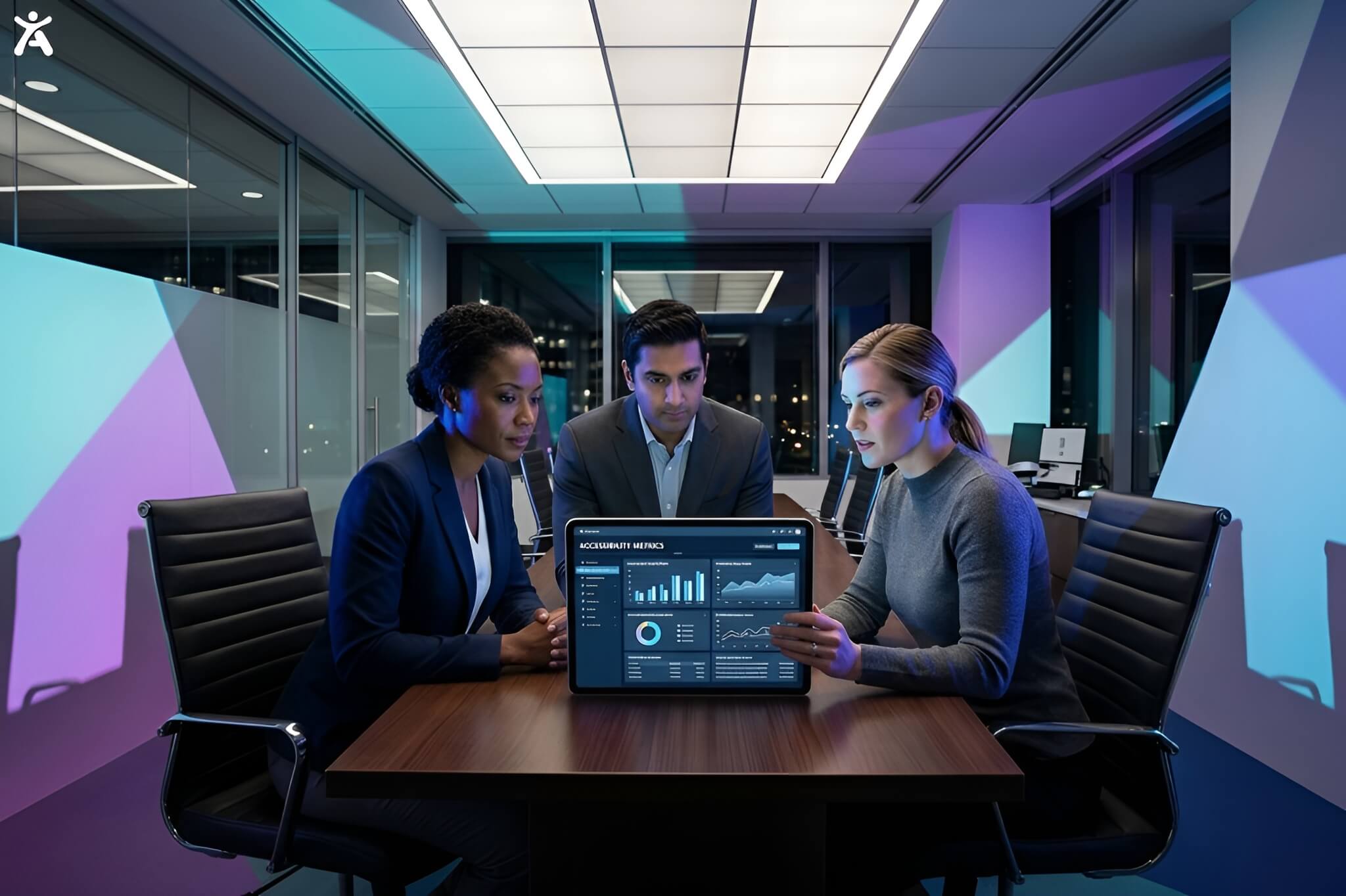 A legal team and technical expert reviewing web accessibility compliance metrics on a tablet to prepare a lawsuit defense strategy.