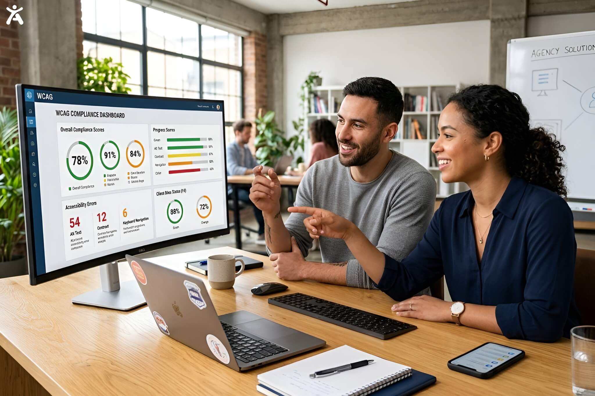 Two web agency professionals reviewing a web accessibility widget integration dashboard on a computer screen to manage client compliance.