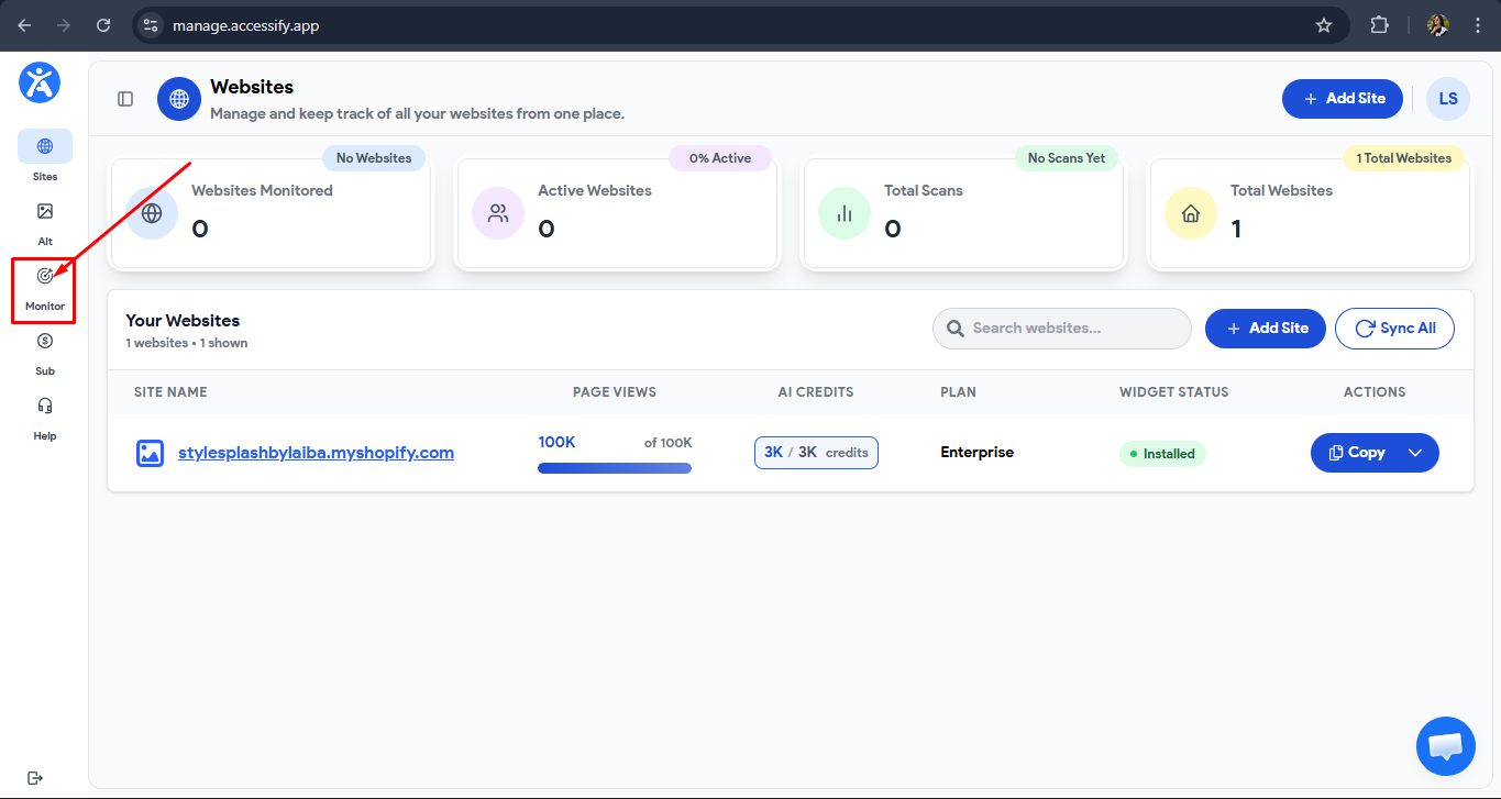 A screenshot of the Accessify SaaS dashboard showing the "Monitor" tab selected, featuring website analytics, AI credits, and enterprise plan.