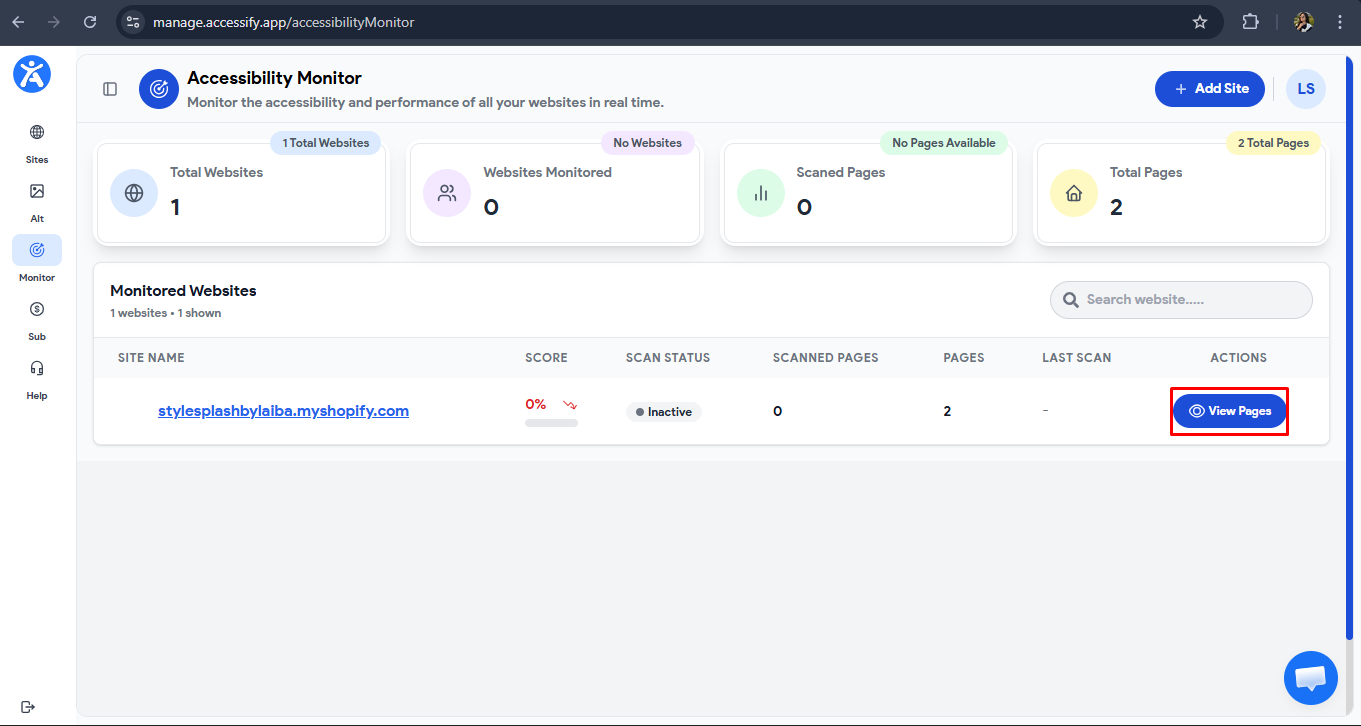 Screenshot of the Accessify Accessibility Monitor dashboard, highlighting the "View Pages" button for a monitored website with real-time scan data.
