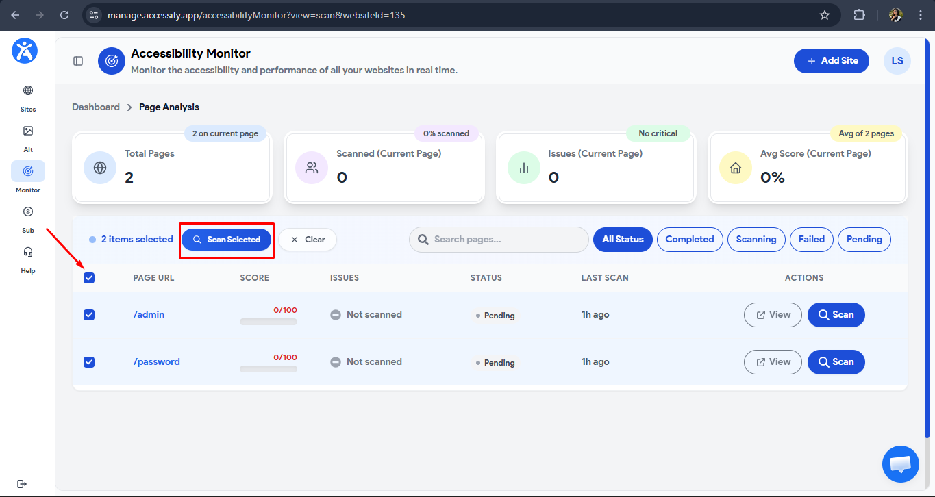 The Accessify Accessibility Monitor's Page Analysis view showing two selected pages ready for a bulk audit via the "Scan Selected" button.