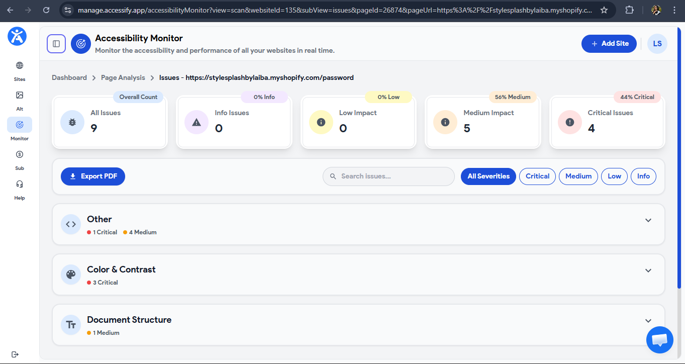 Accessify dashboard displaying accessibility issue results for a specific page, categorized by severity with options to export results as PDF.