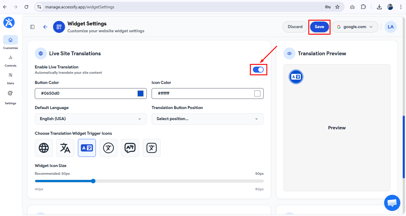 Accessify Widget Settings interface showing Live Site Translation options, including toggle switch, color pickers, icon selection, and a save button.