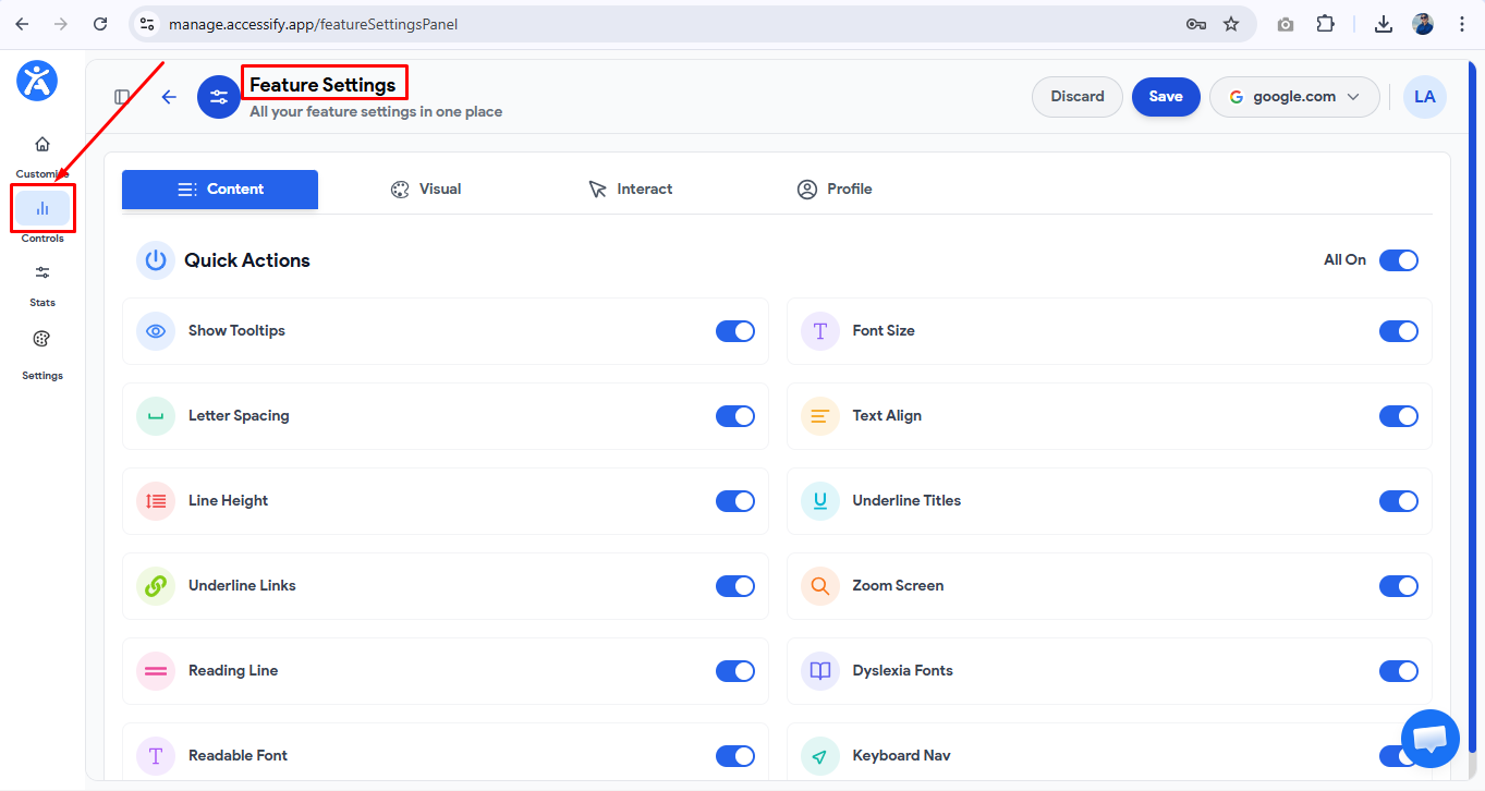 
Gemini said
Accessify Feature Settings panel showing "Quick Actions" toggles for accessibility options like Font Size, Reading Line, and Dyslexia Fonts.