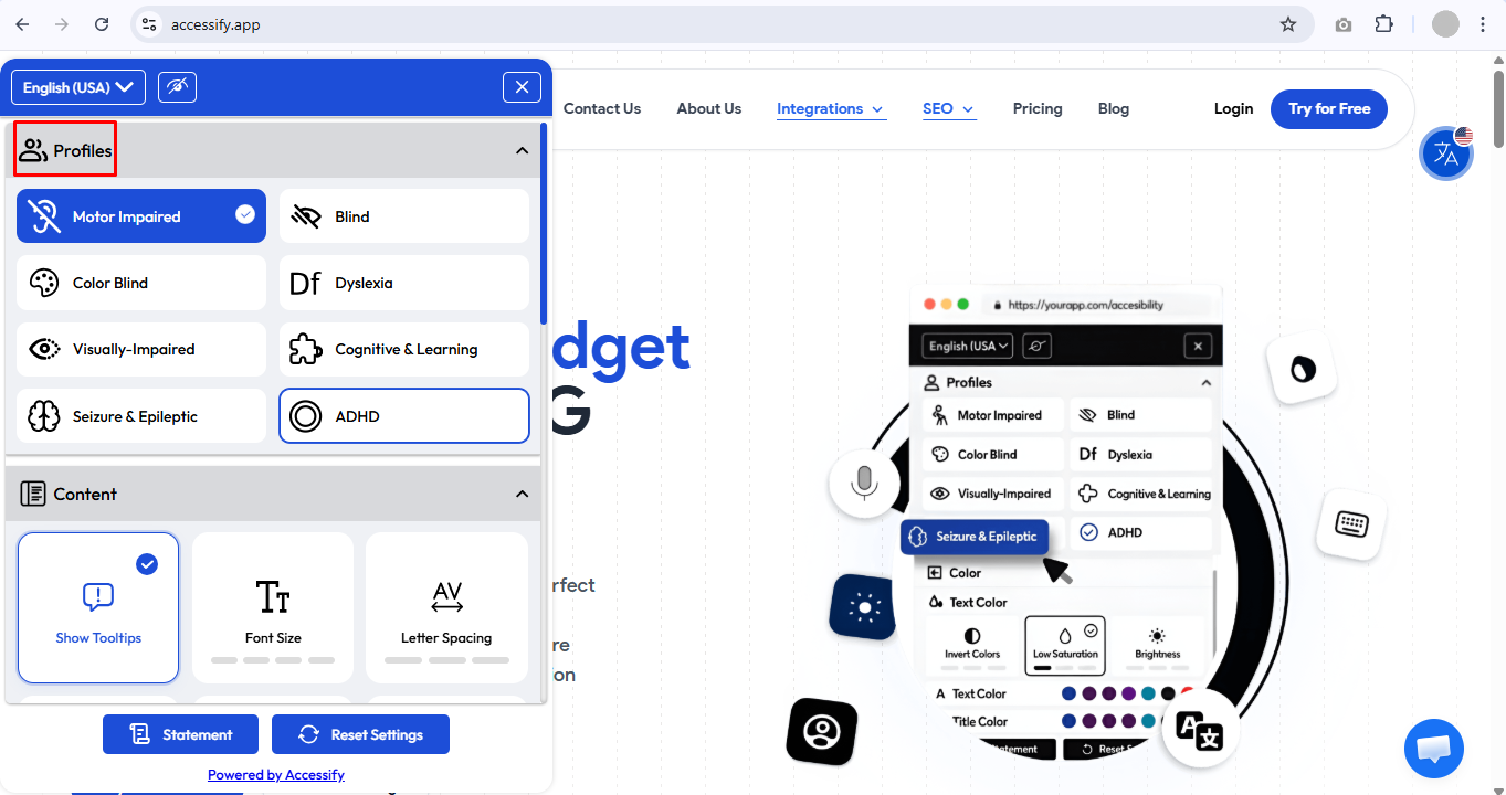 The Accessify accessibility widget interface showing various user profiles, including Motor Impaired, Blind, and Color Blind, alongside customizable content settings.