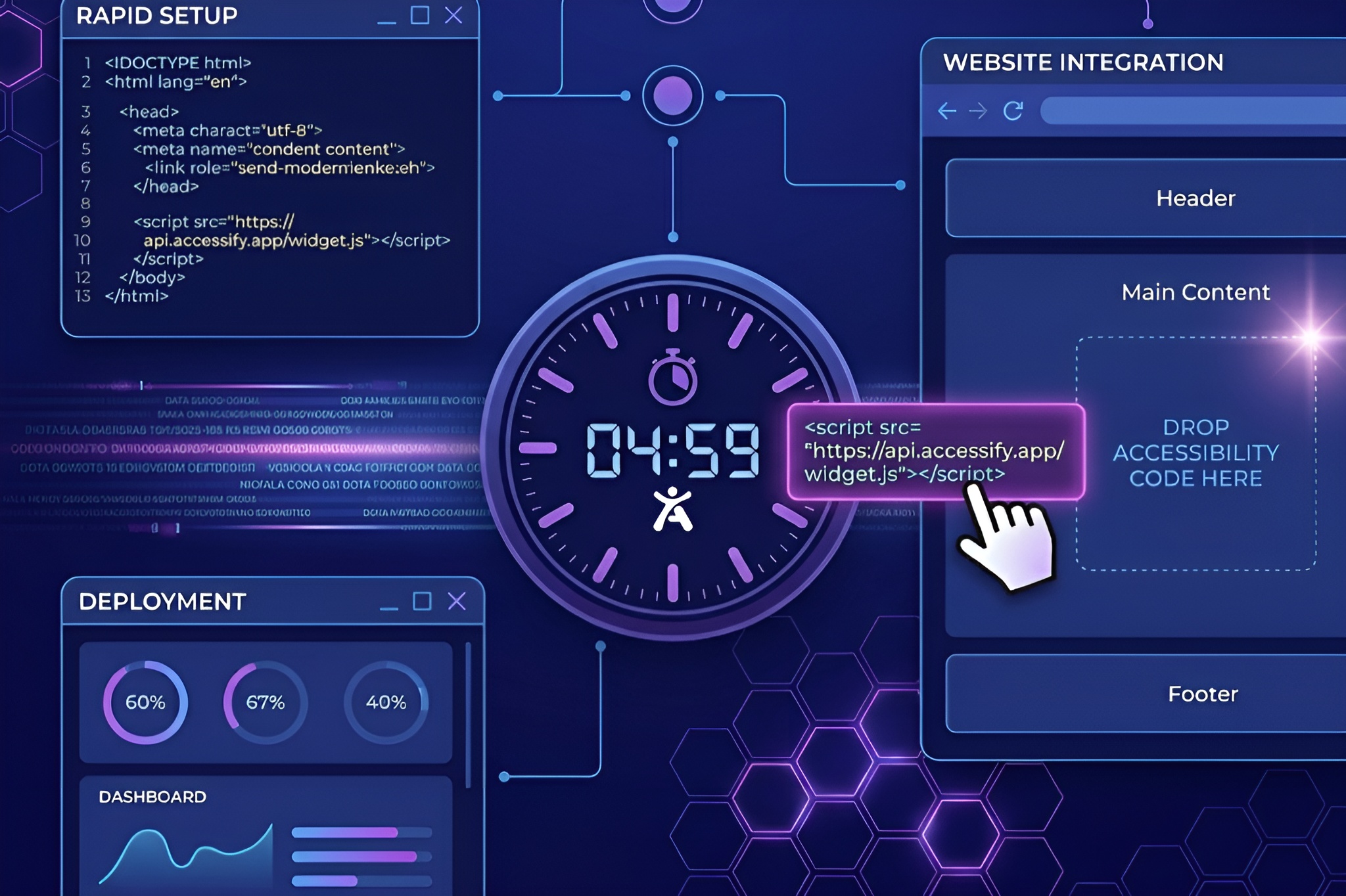 A digital icon of a stopwatch and code snippet, illustrating the rapid, 5-minute setup process for the Accessify web accessibility widget.