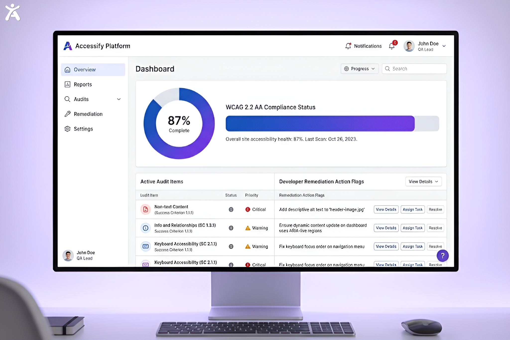 A modern software dashboard interface displaying a detailed WCAG 2.2 compliance report and actionable remediation flags for web developers, emphasizing visual transparency.
