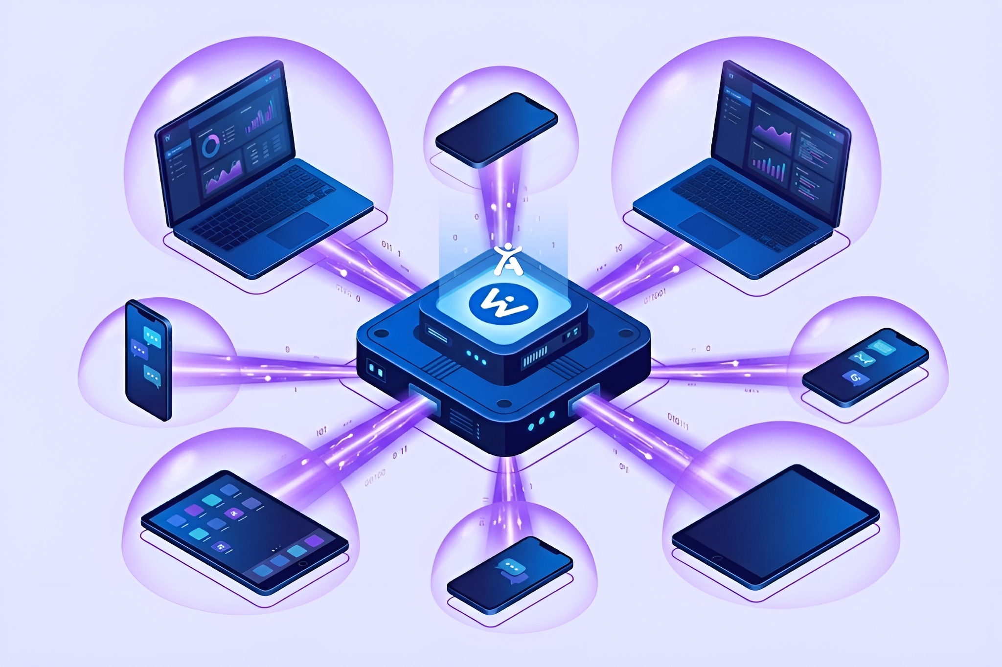 A centralized dashboard illustration showing Accessify managing accessibility compliance across multiple websites and device types simultaneously.