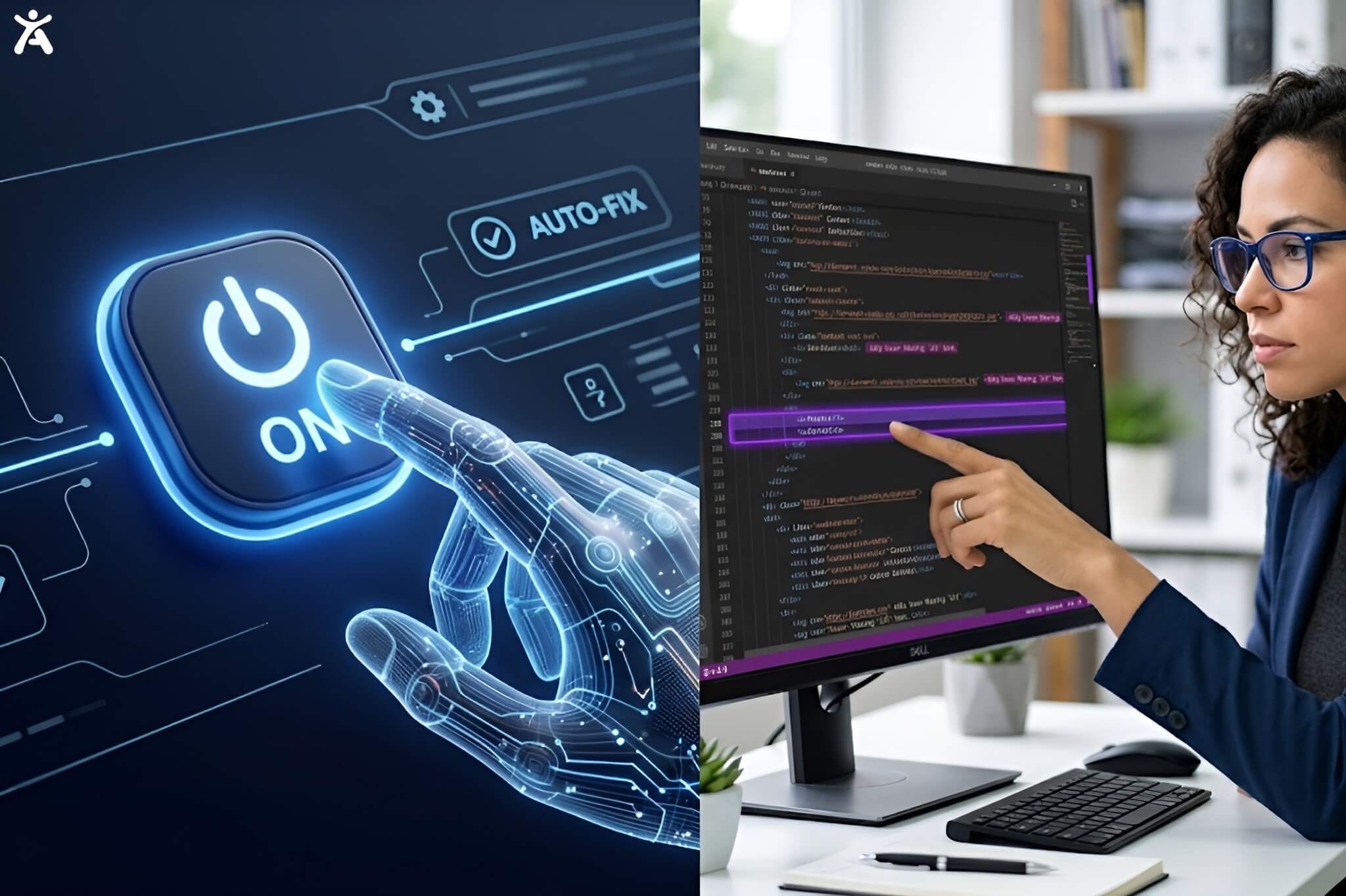A visual comparison contrasting the concept of a one-click automated accessibility widget (Deep Blue lighting) with the depth of a detailed manual HTML accessibility audit (Vibrant Purple highlighting).