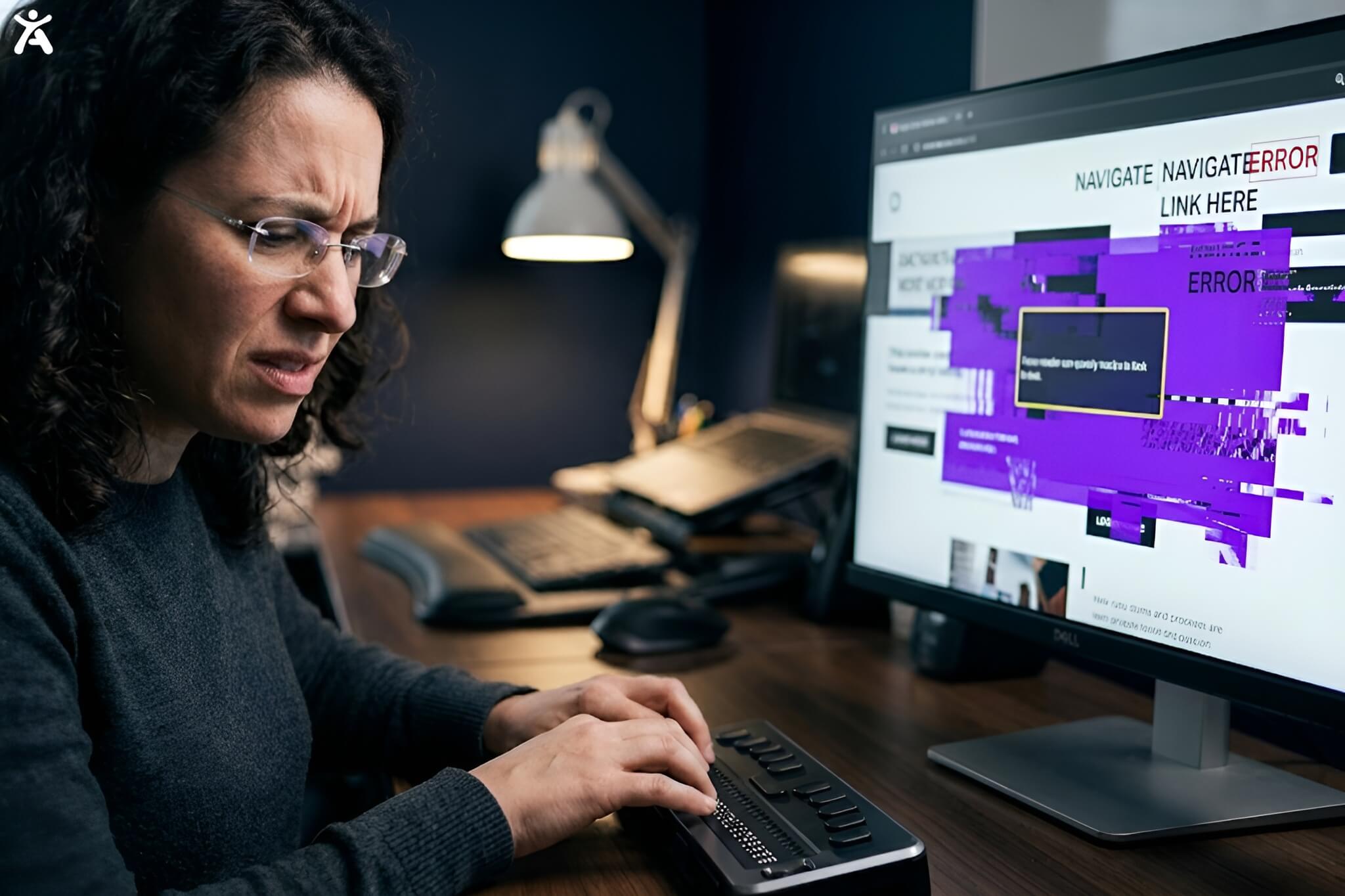 A close-up view of a visually impaired user using a screen reader and braille display, encountering a frustrating digital barrier caused by an incompatible automated accessibility overlay. 
