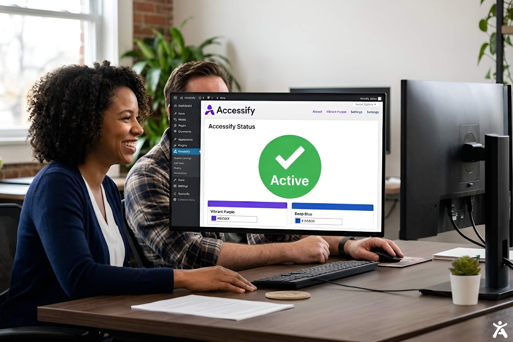 A small business team smiling in front of a computer displaying a successfully activated Accessify plugin status on their WordPress website dashboard, signifying successful integration and peace of mind. 