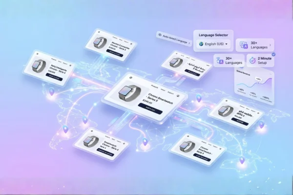 A premium SaaS illustration showing an English ecommerce website interface expanding into multiple localized versions (Spanish, French, Arabic, German) across a glowing global map. The scene features growth analytics, "30+ Languages" and "2 Minute Setup" badges, and a modern glassmorphism design.