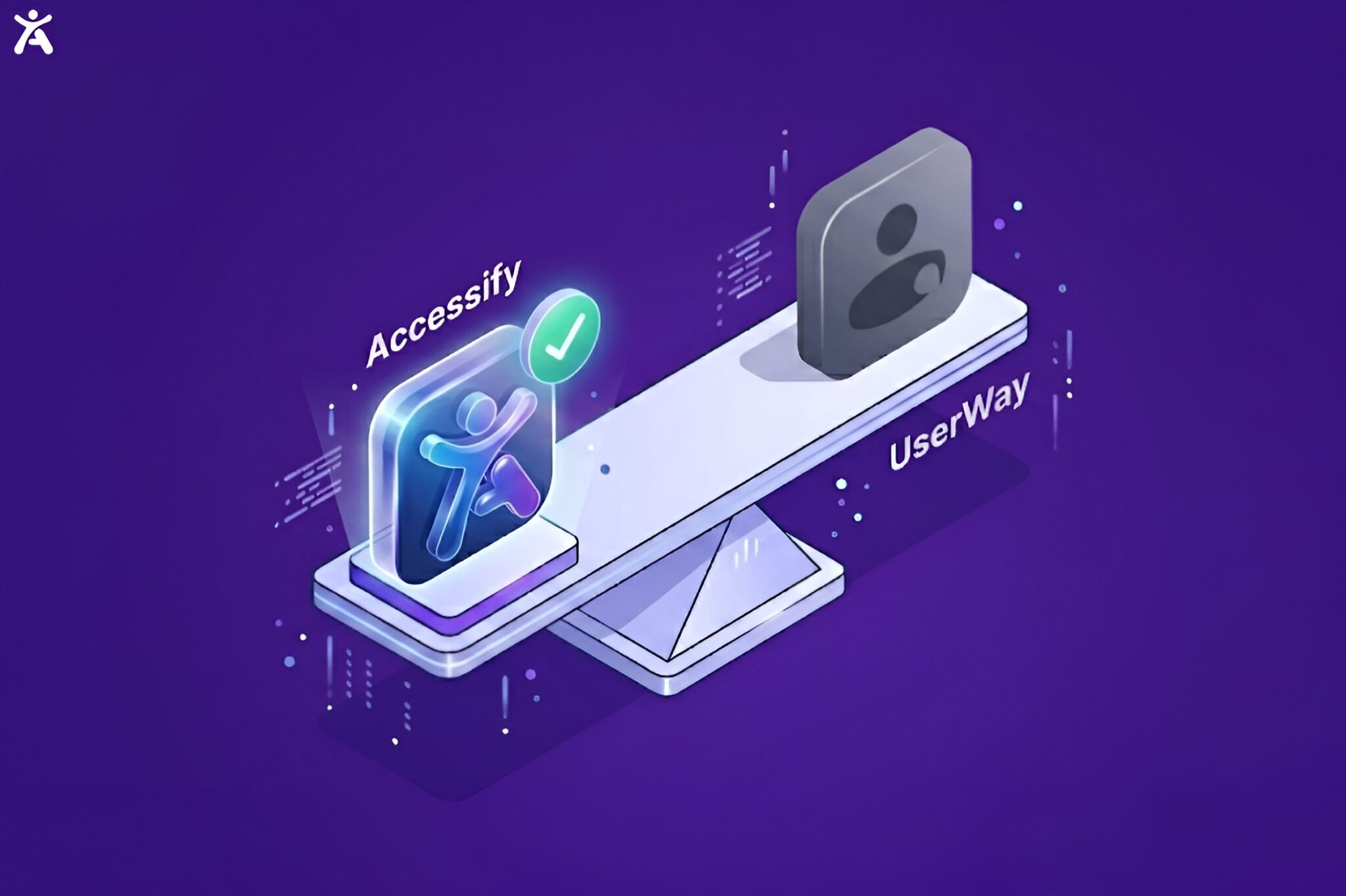 A 3D isometric graphic comparing accessibility widgets with a balanced scale, highlighting the choice between UserWay and Accessify for web compliance.
