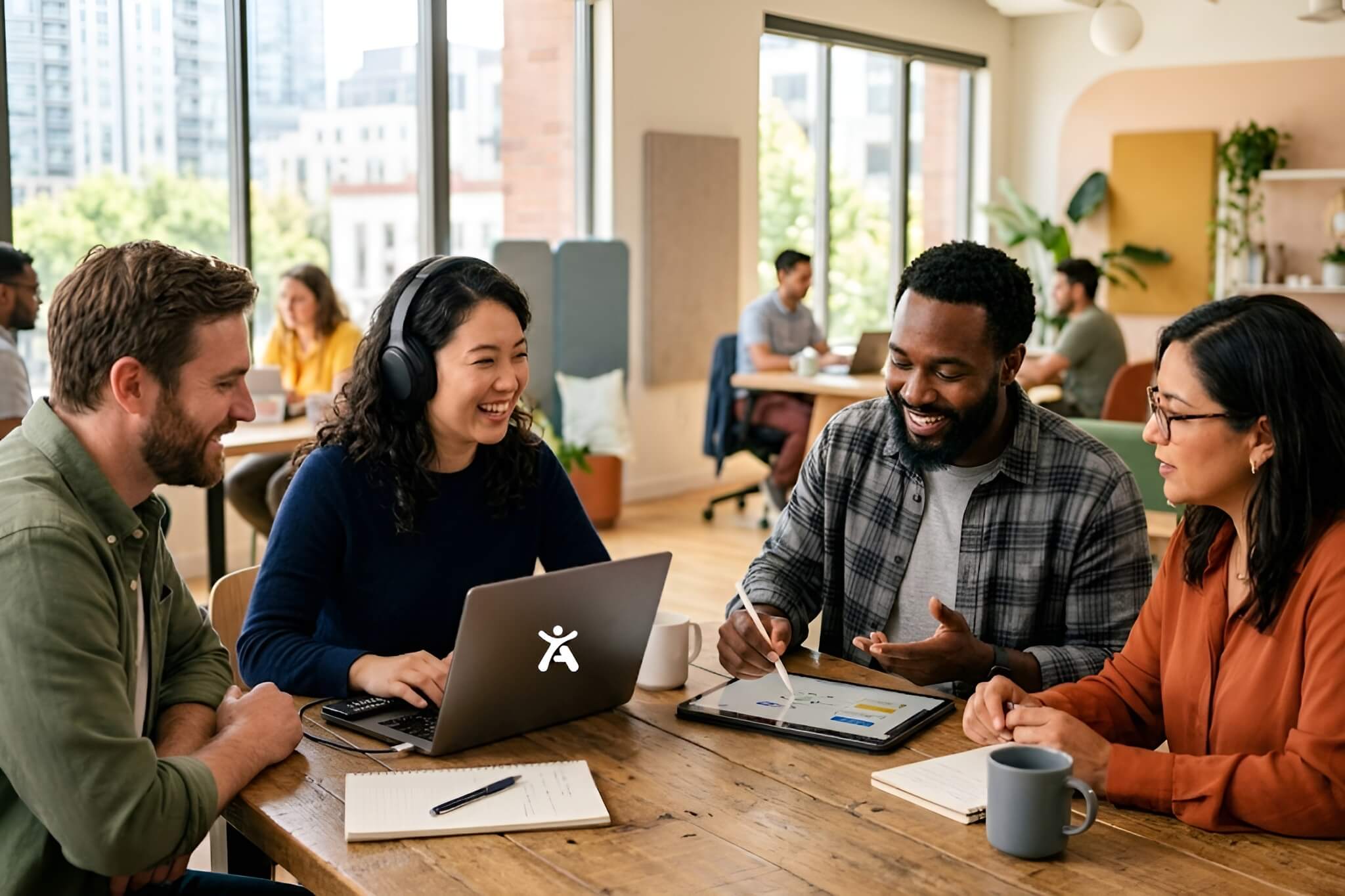 A diverse team of professionals working in a modern office, representing inclusive design and digital accessibility for WordPress websites.