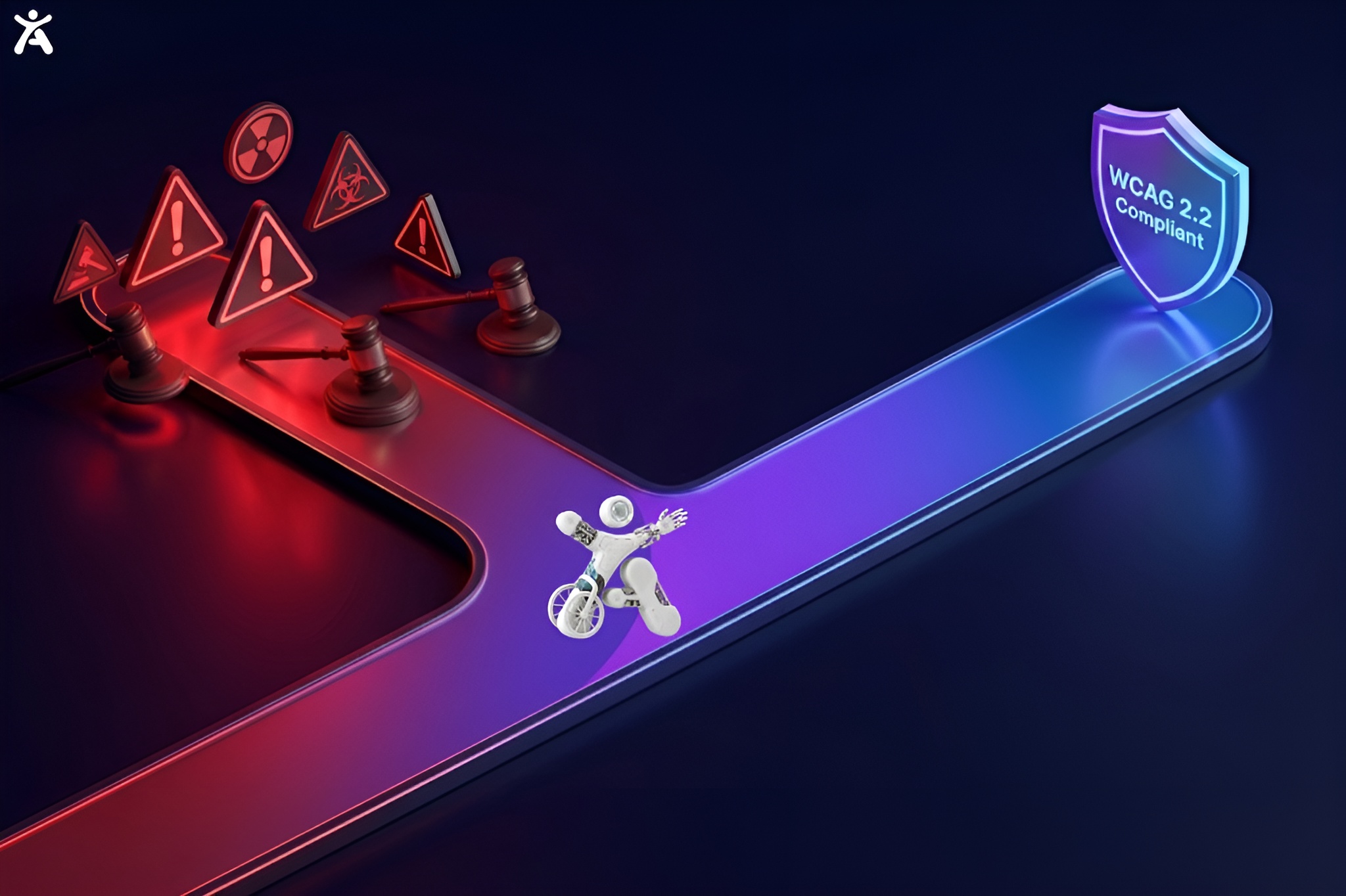 A symbolic digital image comparing two paths: one leading to high litigation risk (labeled accessiBe) and another secure, shield-protected path (labeled Accessify) representing WCAG compliance.