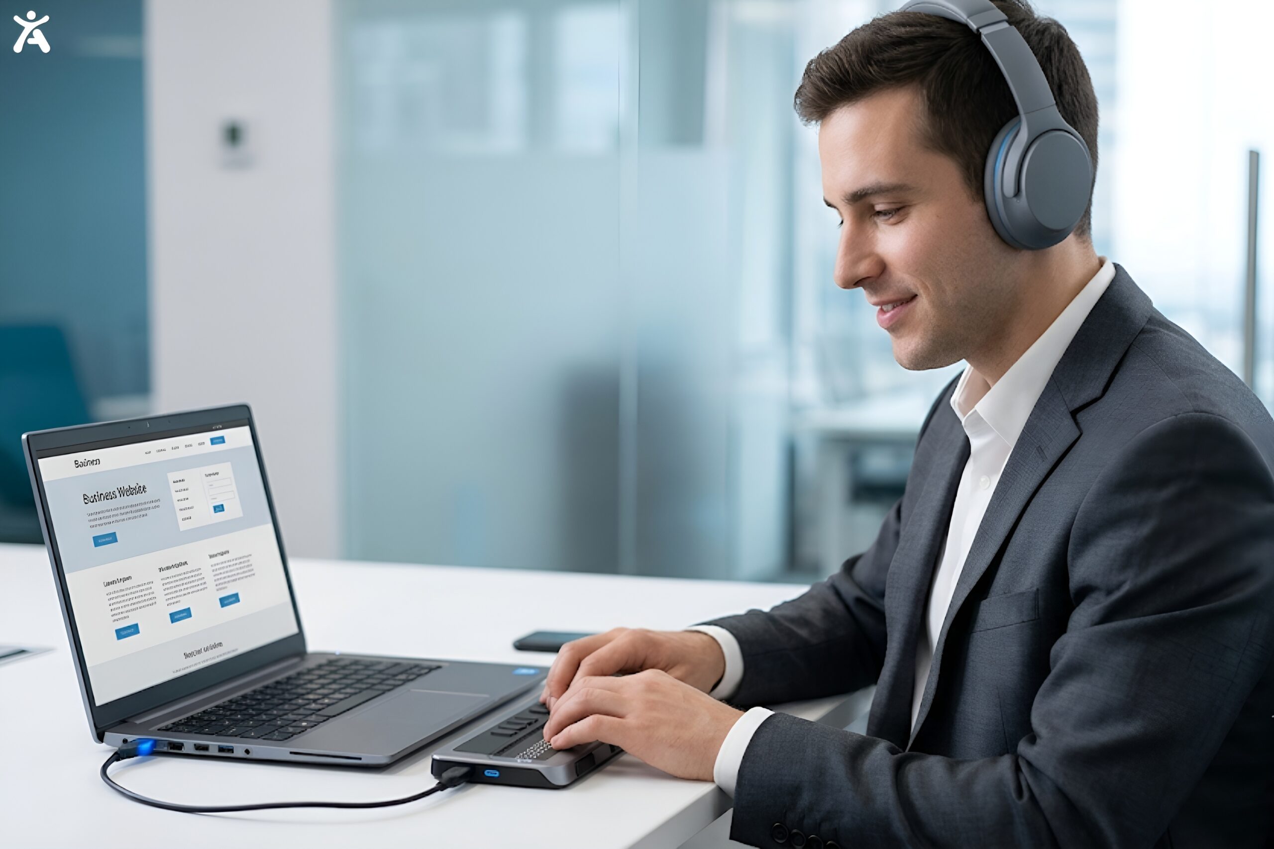 A young blind professional wearing headphones and smiling while navigating an accessible website using a refreshable braille display and screen reader.Description: A close-up, high-quality photograph focusing on a young professional (a man in his late 20s) who is blind. He is wearing sleek headphones, and his hands rest on a refreshable braille display connected to a laptop. He has a subtle smile. The laptop screen is visible, showing a simple, well-structured business website. The lighting is soft and professional.