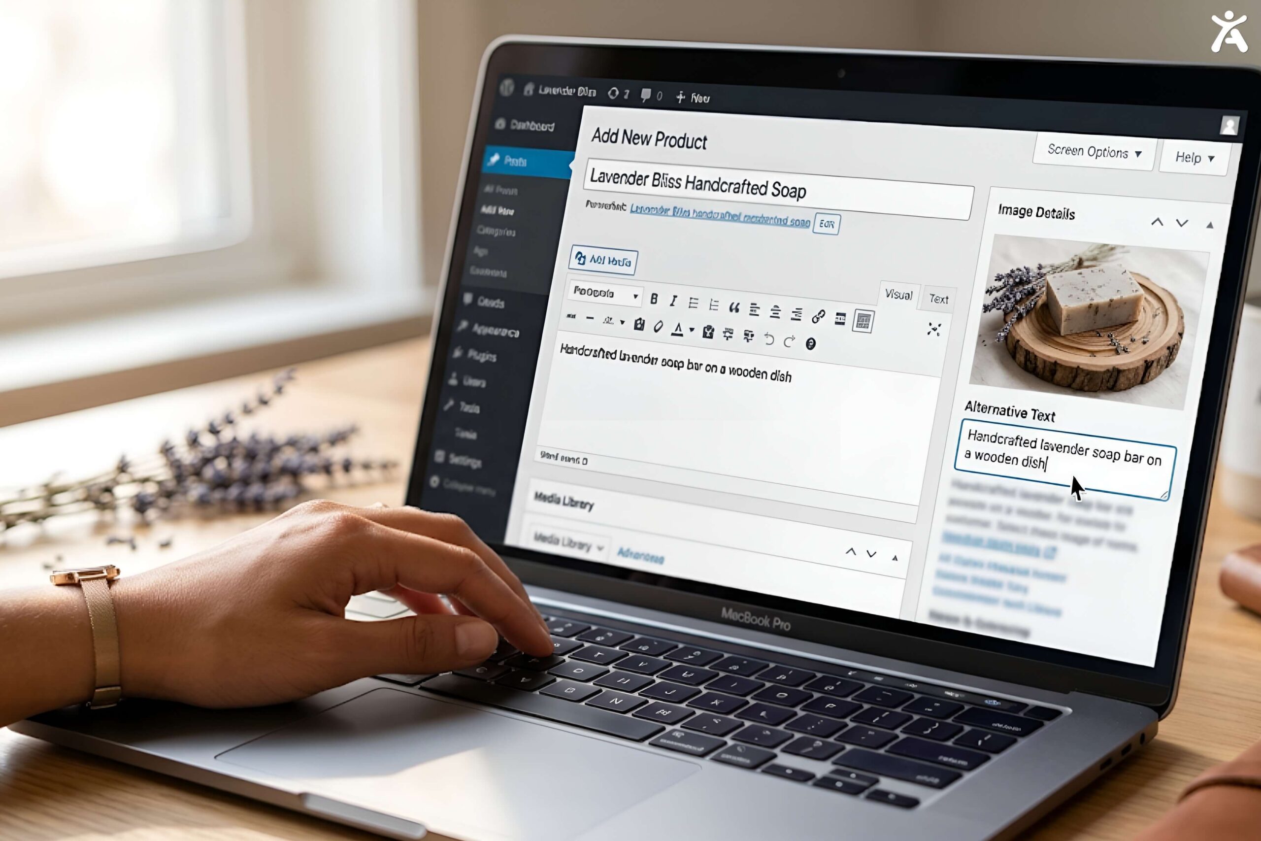 A small business owner easily adding image alternative text in a website content management system dashboard.Description: A focused, high-resolution screenshot/photo combination. The image is a close-up of a laptop screen displaying a familiar CMS dashboard (like WordPress or Shopify). A cursor is actively typing descriptive text into a clearly marked field labeled "Alternative Text." Next to the laptop, a small business owner’s hand is visible resting on a mouse. The scene is bright, optimistic, and highlights the ease of the process.