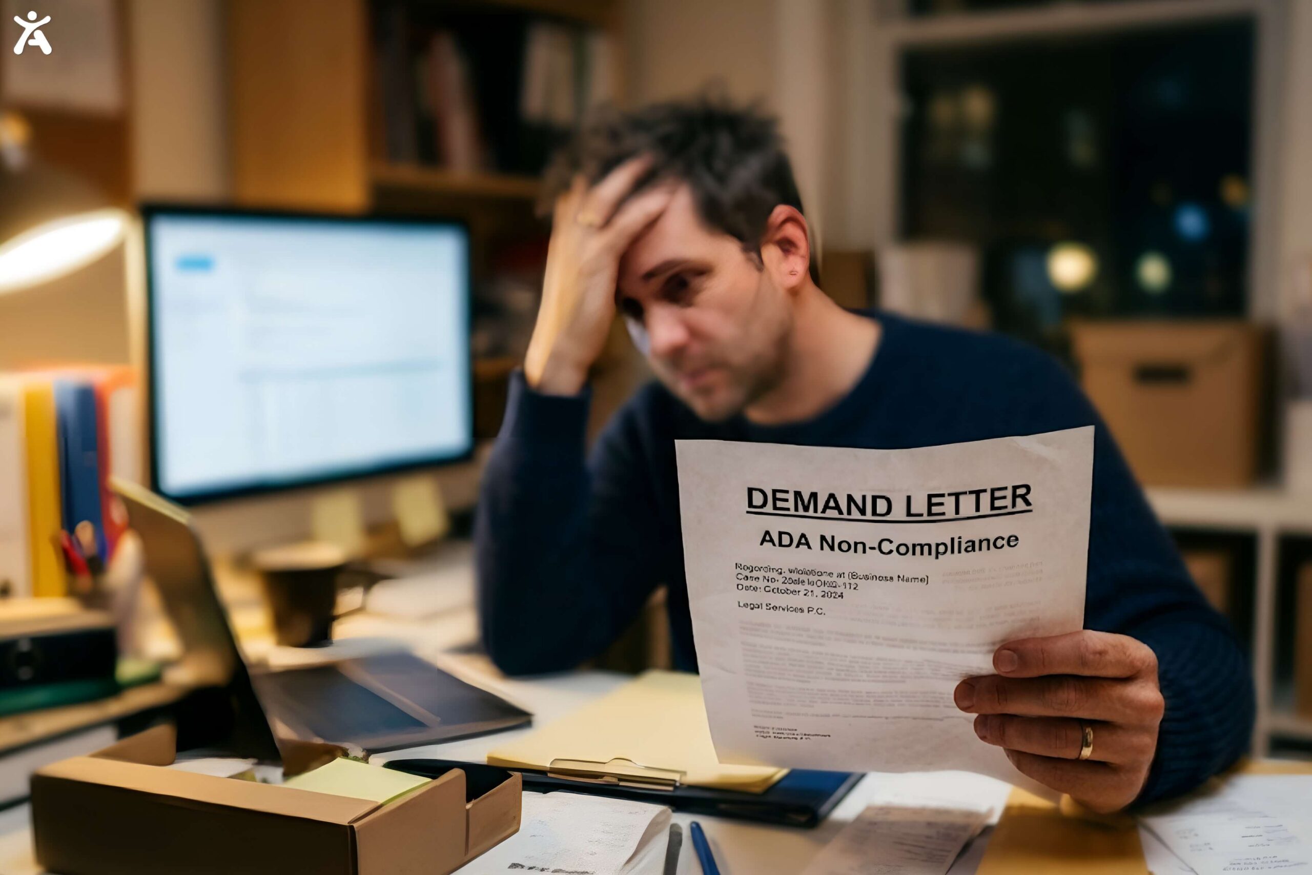 A small business owner looking stressed in an office, holding a formal legal demand letter regarding ADA website non-compliance.Description: A cinematic, shallow depth-of-field photograph inside a contemporary small business back office. The focus is on a business owner’s hand (a man, late 30s) holding a crumpled but clearly legible formal legal letter. The words "Demand Letter" and "ADA Non-Compliance" are subtly visible on the paper. In the slightly blurred background, he looks stressed, running a hand through his hair while looking at a desktop computer monitor.
