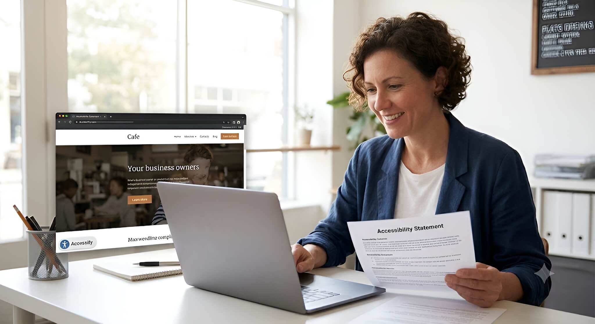 A small business owner in a modern cafe looking concerned at a laptop displaying a website accessibility checklist.Description: A realistic, candid photograph of a small business owner (a woman in her 40s with a warm expression) sitting in her bustling independent bookstore-cafe. She is holding a tablet, looking thoughtfully at a laptop screen that shows a website and an overlay checklist of WCAG criteria. Natural light streams in. The atmosphere is grounded and relatable.