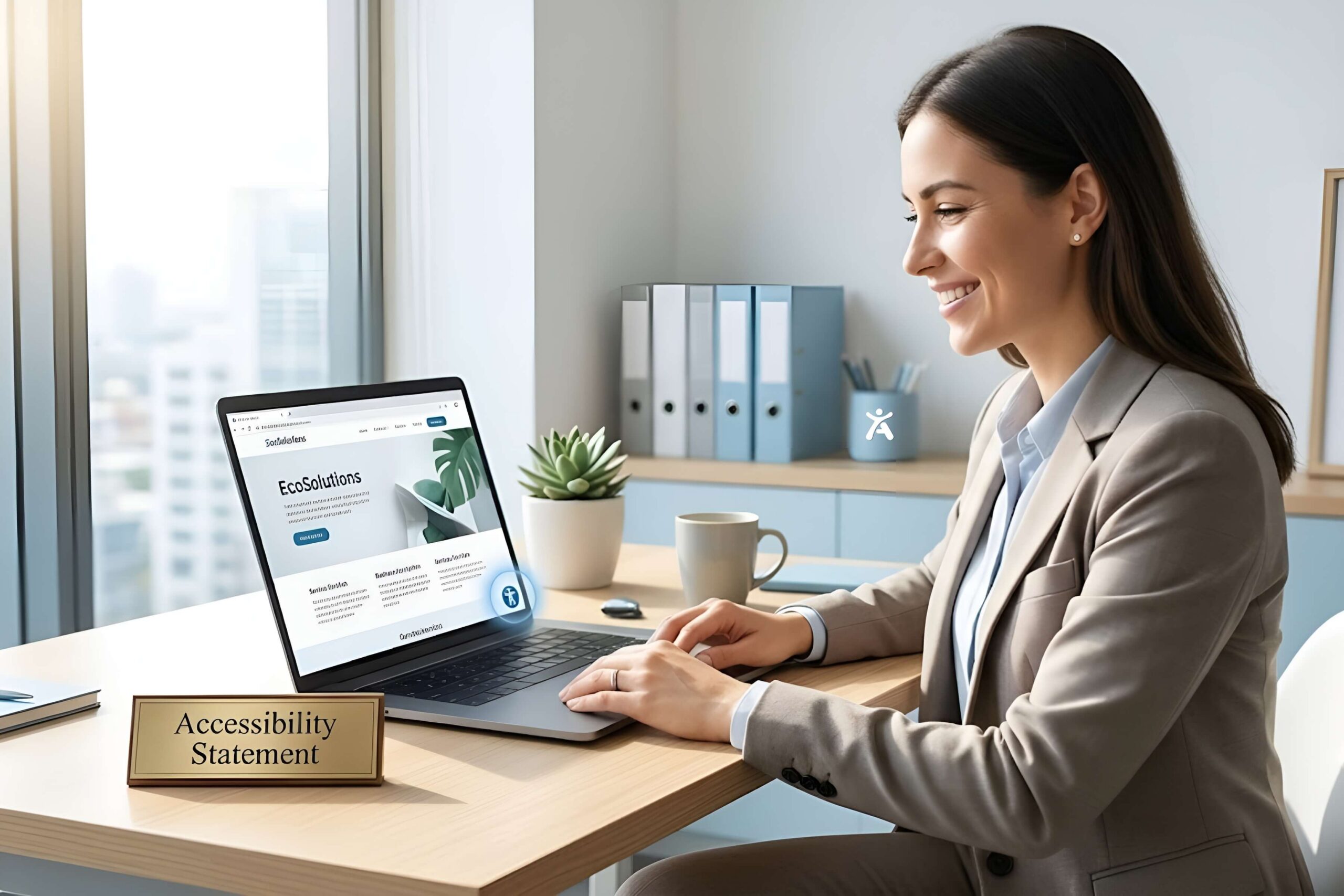 A smiling business owner looking at their website which successfully features the Accessify accessibility widget and statement.Description: A bright, professional photograph of a small business owner (a woman, early 50s) sitting at a desk in a tidy office. She is looking at her laptop screen and smiling with relief. The laptop is displaying her business website, and a small, recognizable Accessify accessibility toolbar icon is visibly active in the bottom corner of the browser. A physical "Accessibility Statement" plaque is subtly visible on her desk nearby. The overall aesthetic is clean, confident, and professional, using soft blue highlights (Accessify brand color).