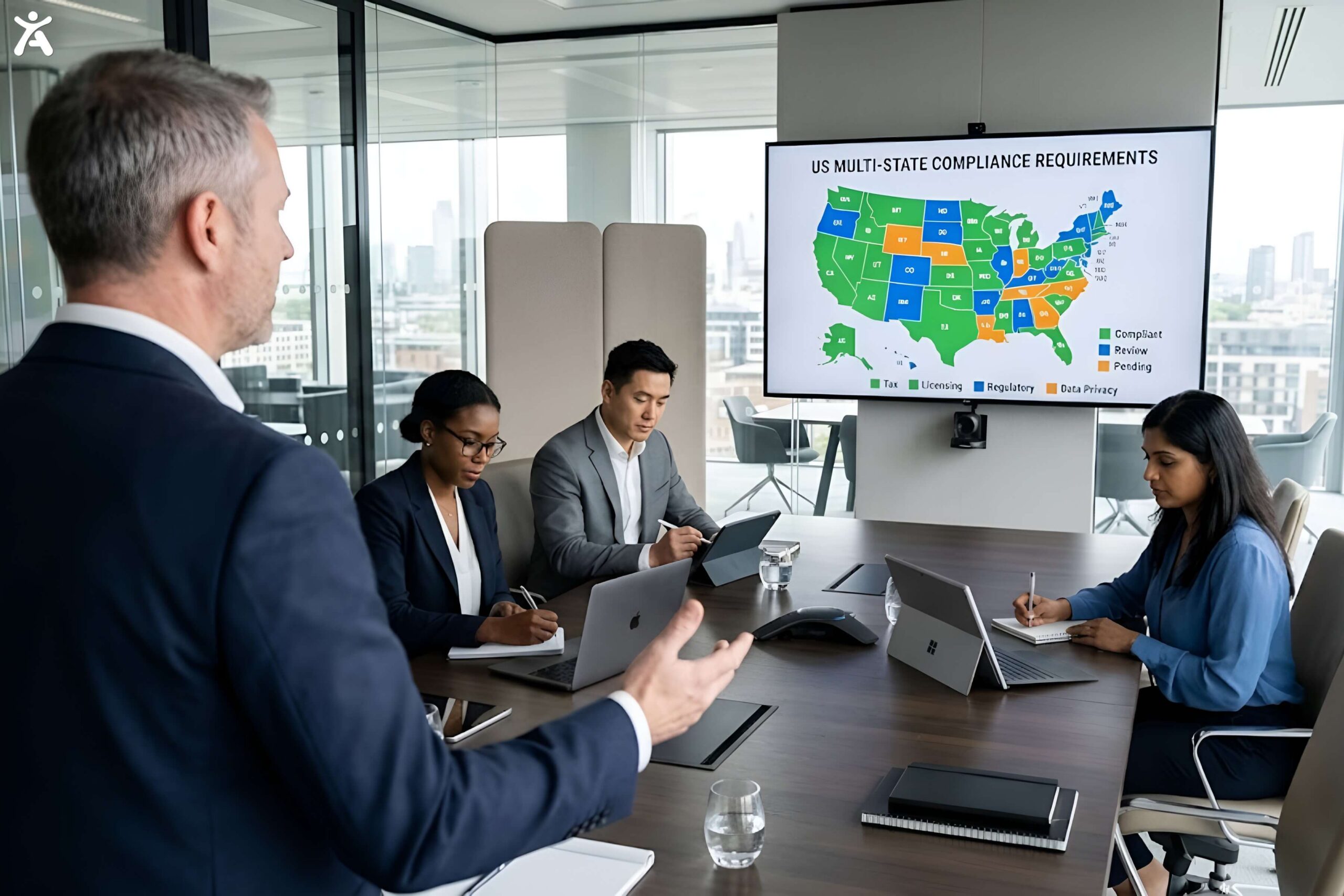 Corporate executives sitting around a conference table reviewing a state-by-state digital accessibility compliance strategy on a presentation screen.