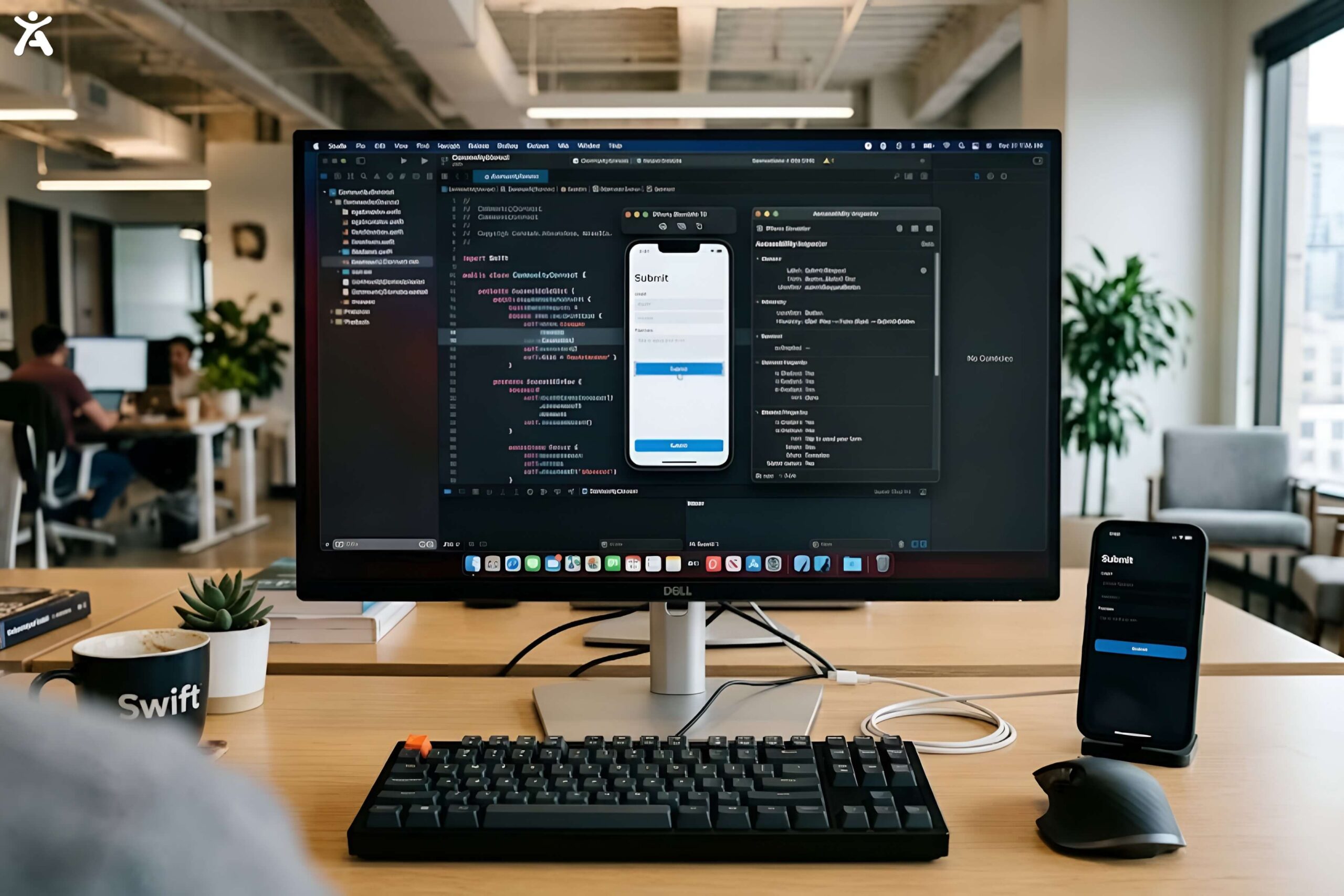 A developer's dual-monitor workstation showing Apple Xcode's Accessibility Inspector tool auditing an iOS app's user interface, with an iPhone connected on the desk.