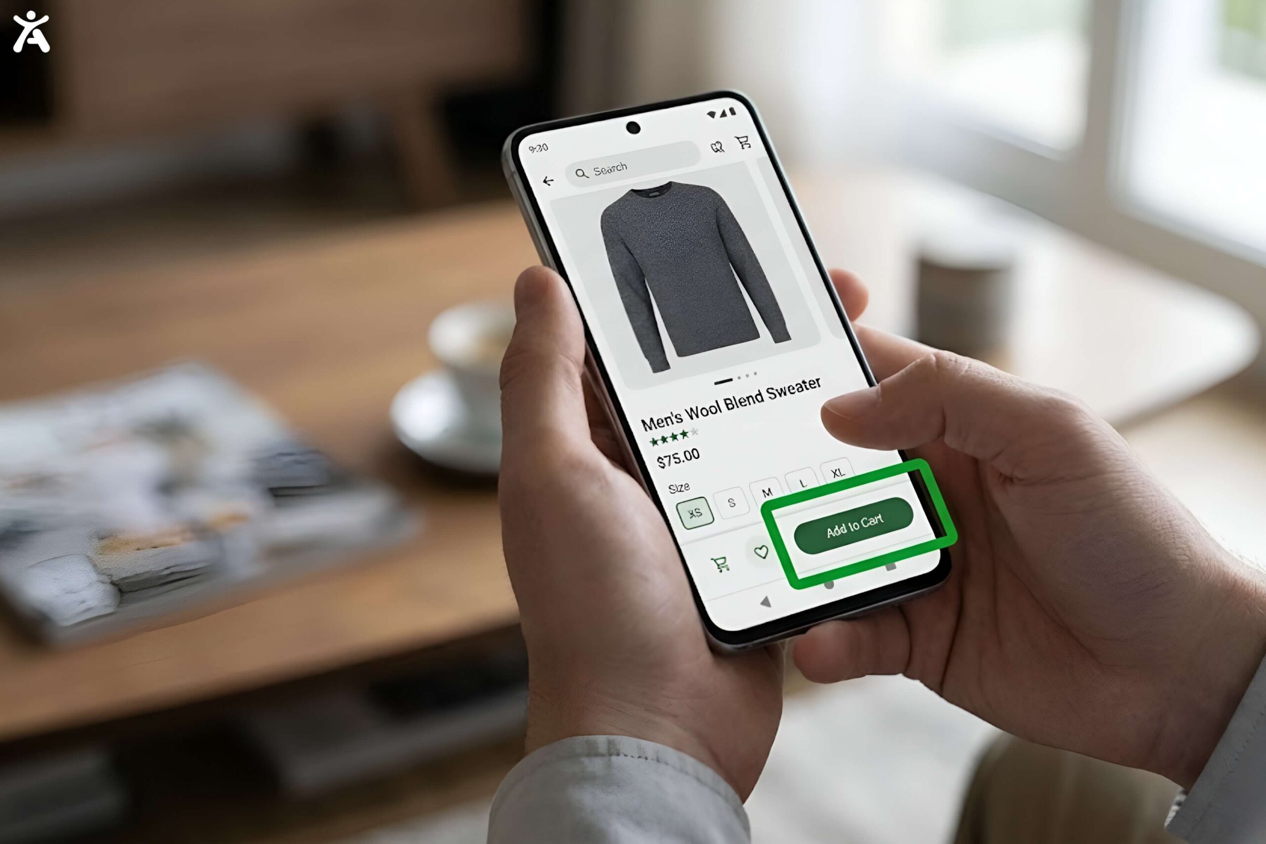 First-person view of hands holding an Android smartphone, navigating a retail app where a green focus ring highlights the Add to Cart button, indicating TalkBack screen reader usage.